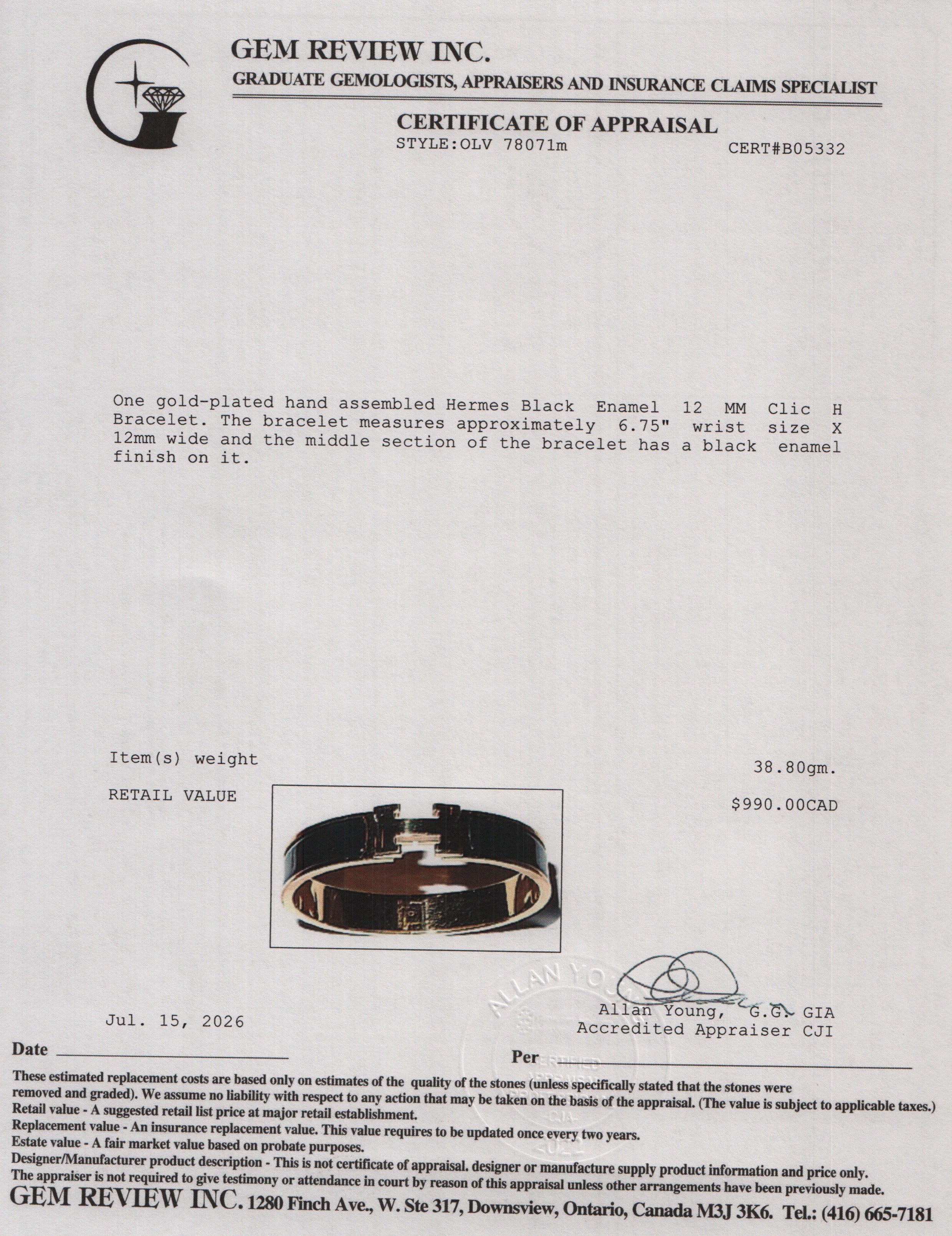 Hermes Gold Plated Black Enamel 12 MM Clic H Bracelet w/ Box