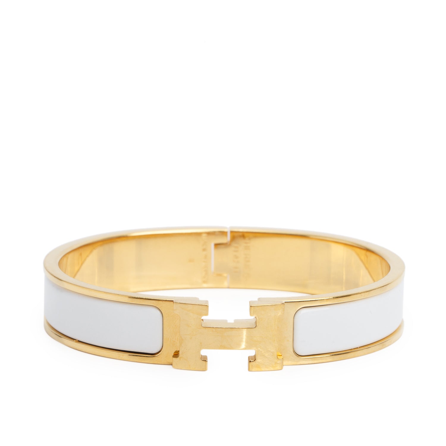 Hermes Gold Plated White Enamel 12 MM Clic H Bracelet w/ Box