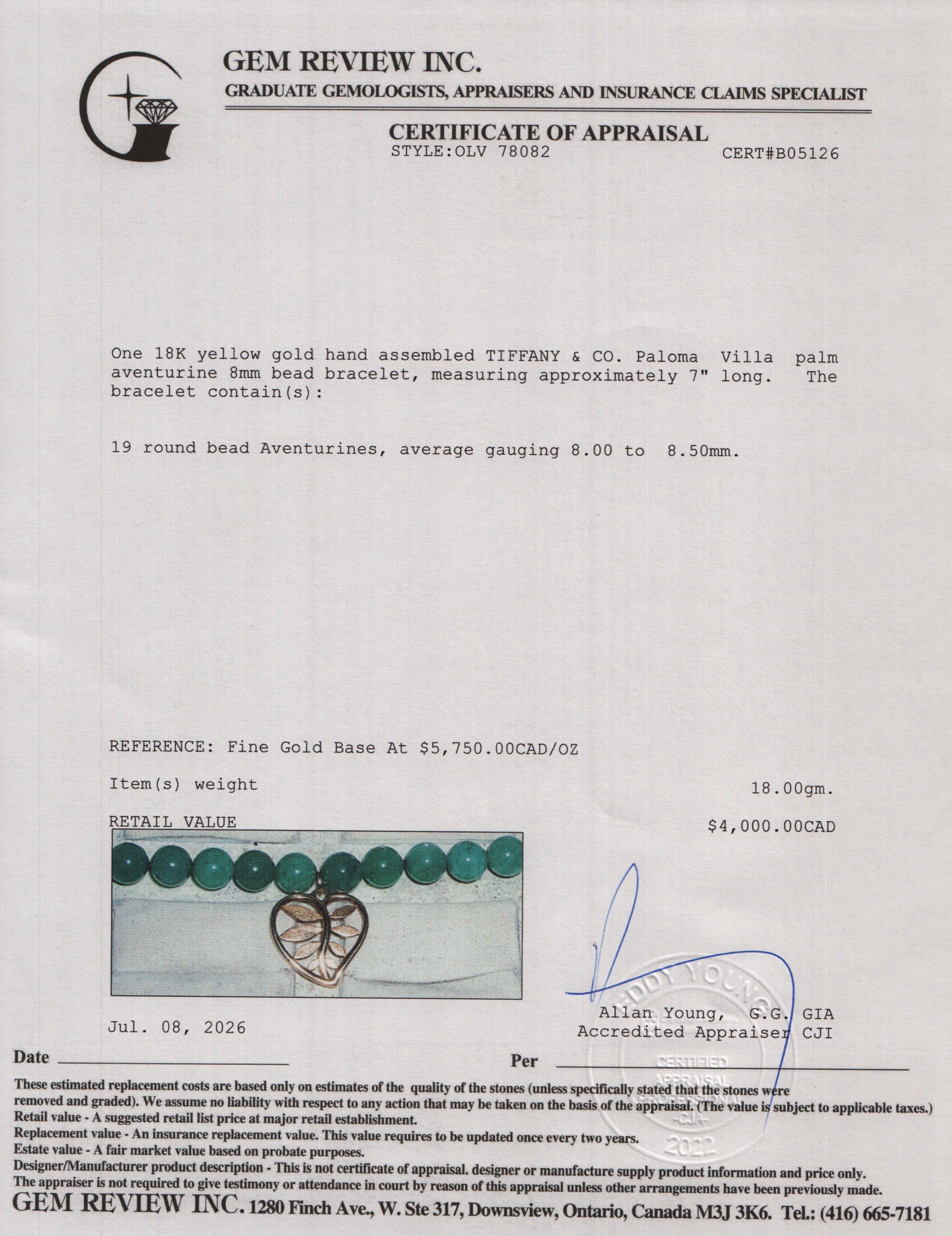 Tiffany & Co. 18k Yellow Gold Paloma Picasso Villa Palm Aventurine 8MM Bead Bracelet w/ Box