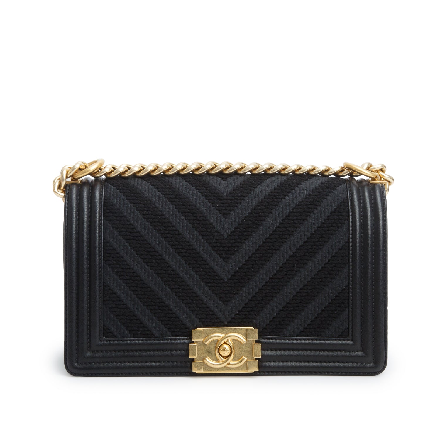 Chanel Black Fabric Braided Chevron Medium Boy Flap w/ Authenticity Card