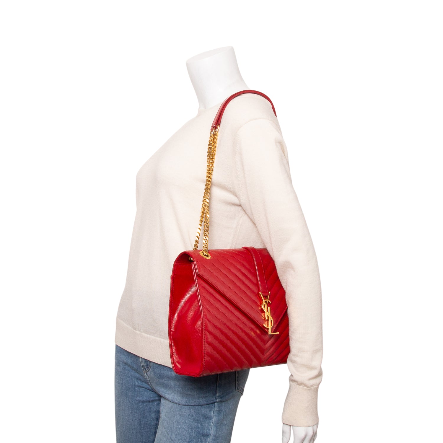 Saint Laurent Red Quilted Grain De Poudre Leather Large Envelope Chain Bag