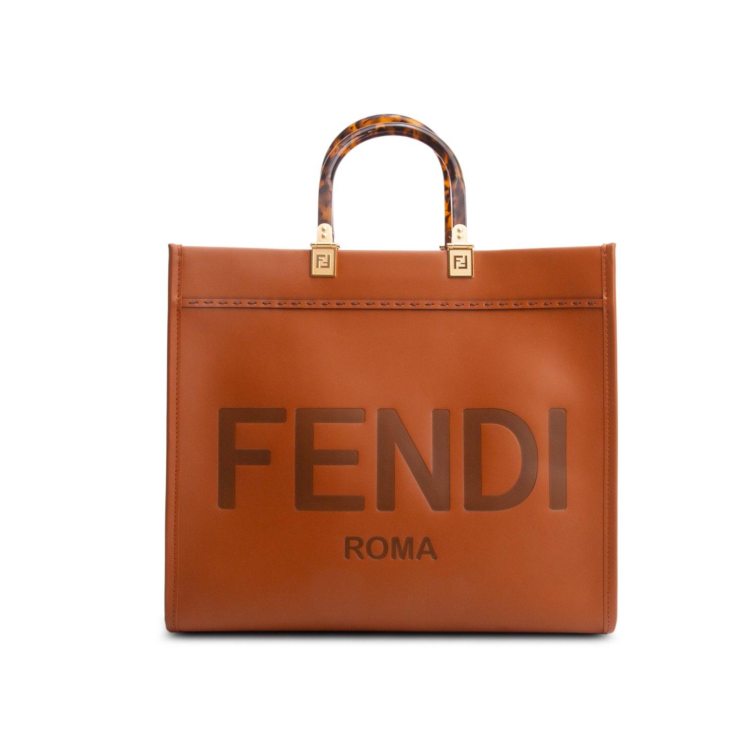 Fendi 2024 Brown Vitello King Plexiglass Logo Embossed Medium Sunshine Shopper Tote w/ Strap
