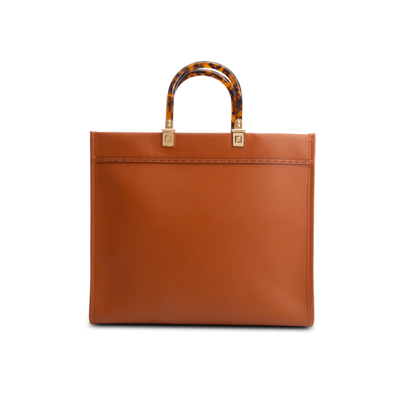 Fendi 2024 Brown Vitello King Plexiglass Logo Embossed Medium Sunshine Shopper Tote w/ Strap