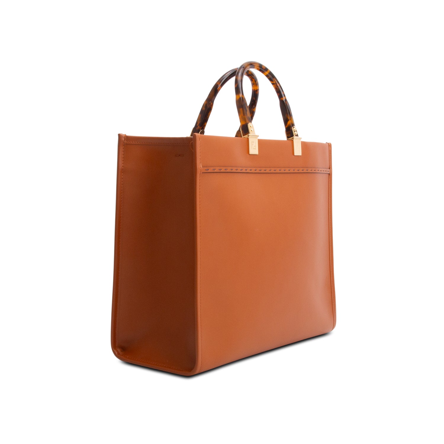 Fendi 2024 Brown Vitello King Plexiglass Logo Embossed Medium Sunshine Shopper Tote w/ Strap