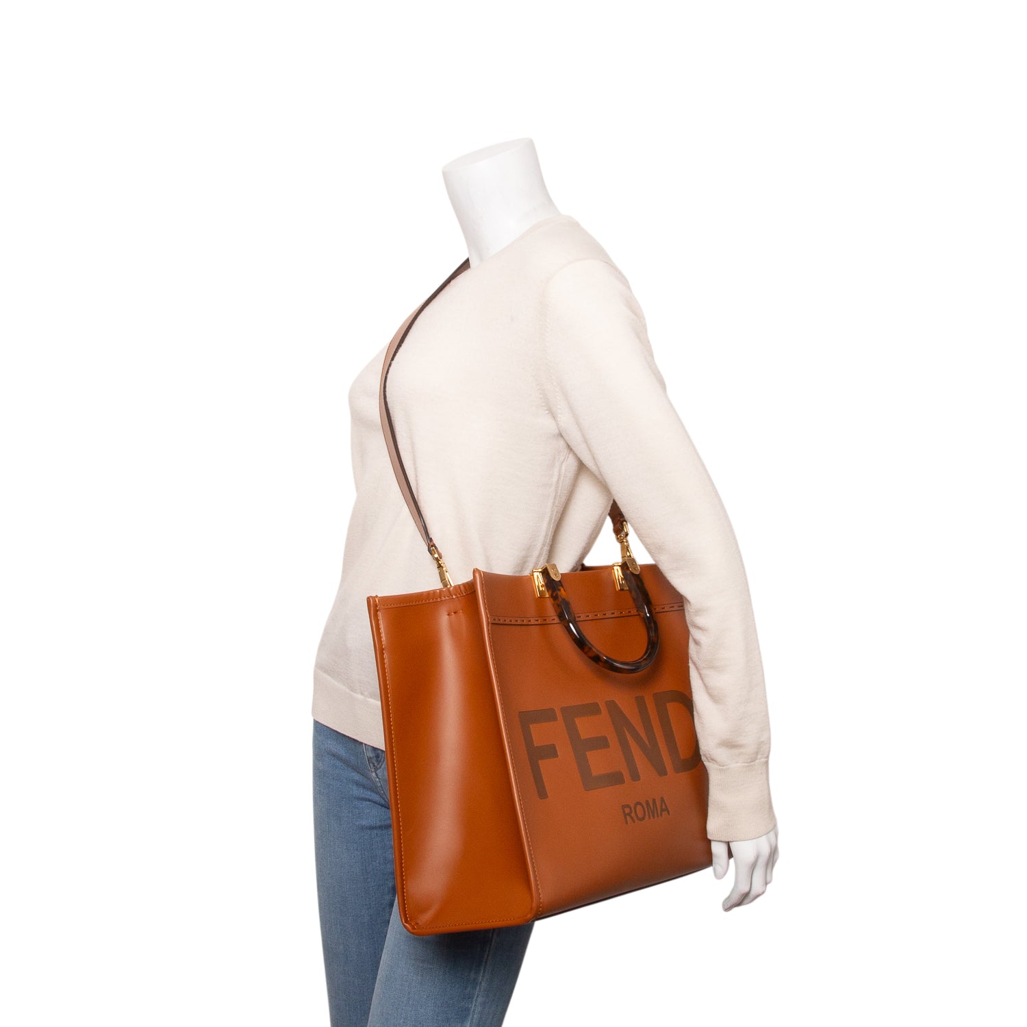 Fendi 2024 Brown Vitello King Plexiglass Logo Embossed Medium Sunshine Shopper Tote w/ Strap