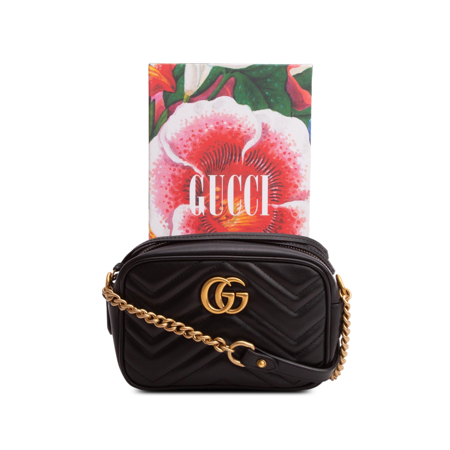 Gucci Black Calfskin Matelasse Mini GG Marmont Camera Bag w/ Box