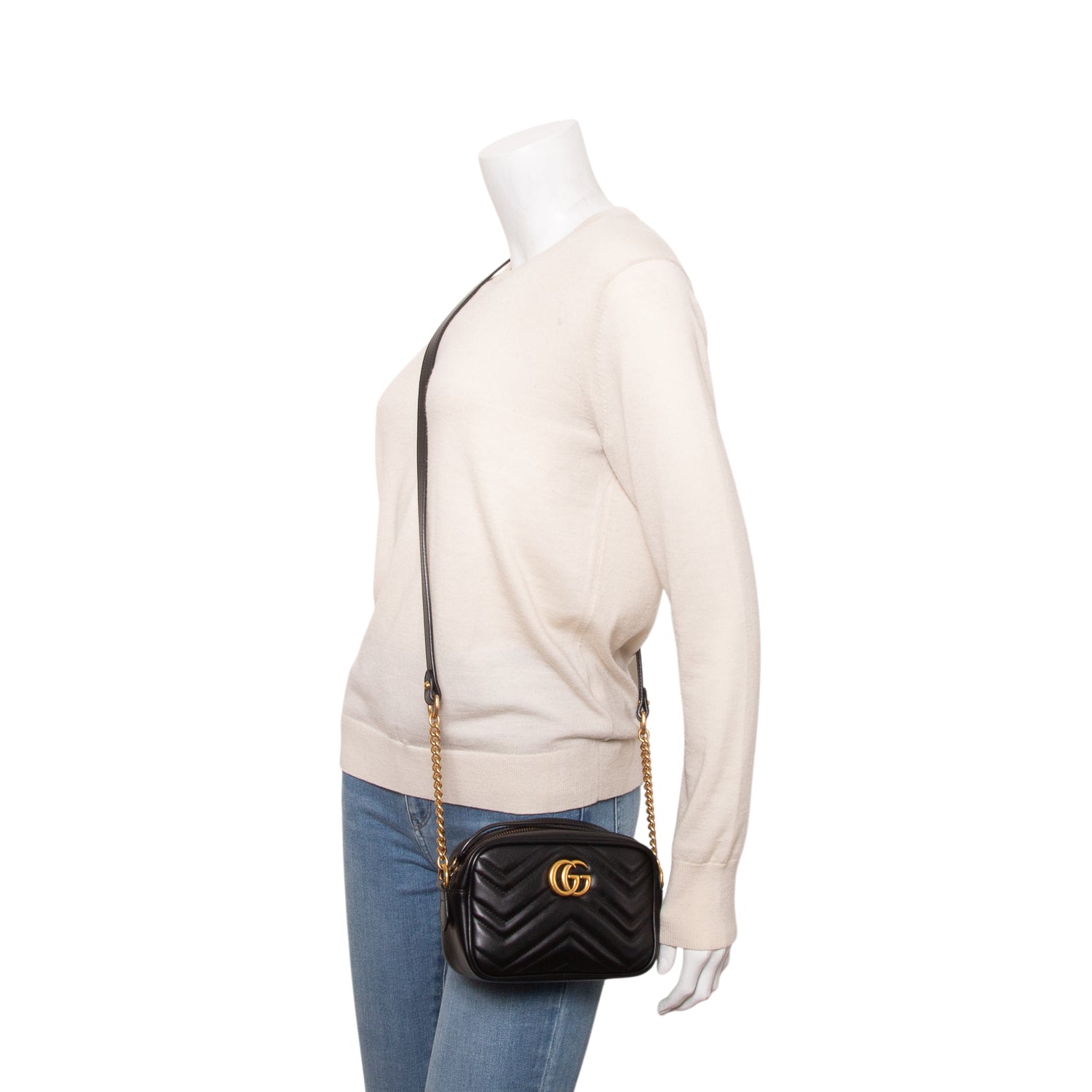 Gucci Black Calfskin Matelasse Mini GG Marmont Camera Bag w/ Box