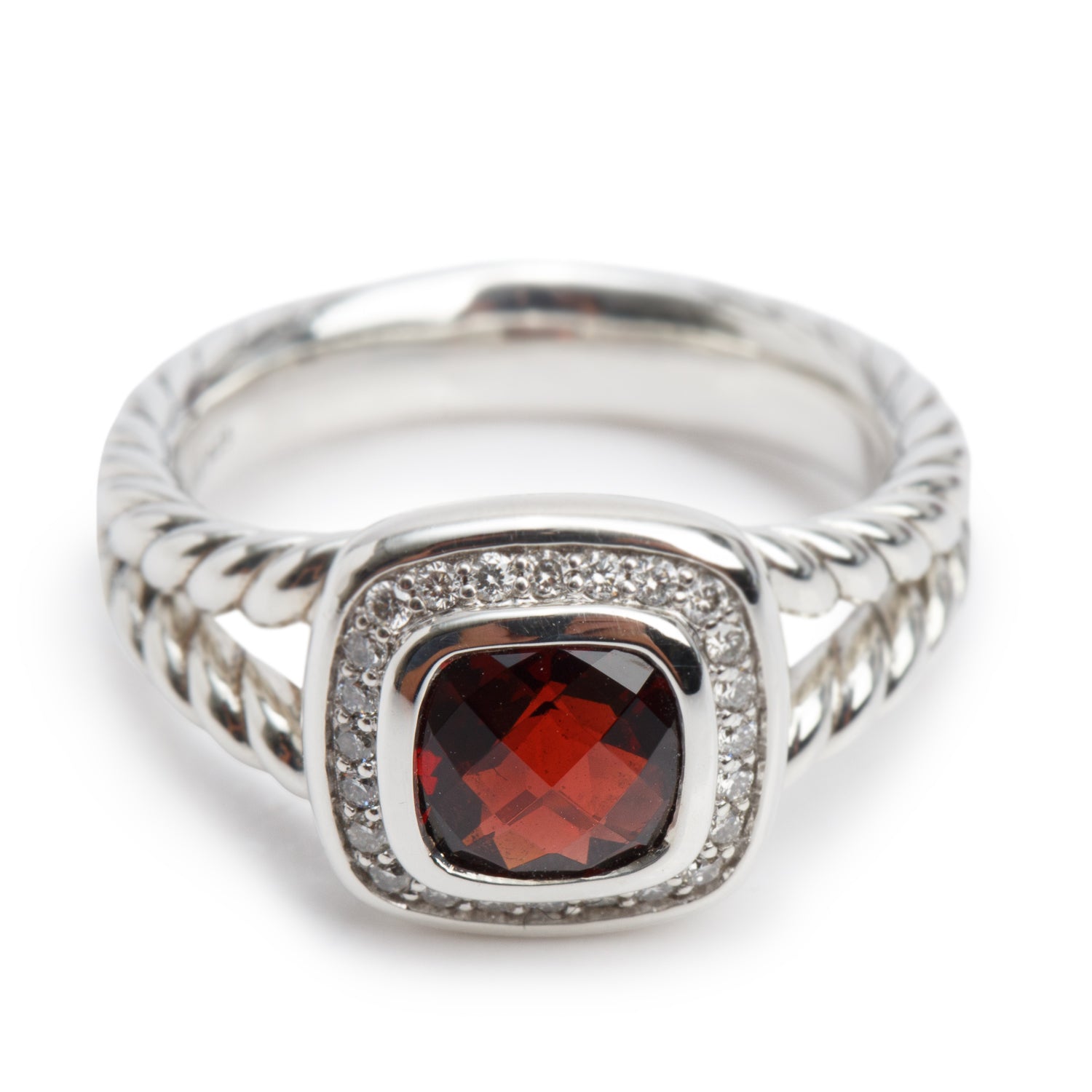 David Yurman Sterling Silver Petite Albion Ring with Garnet & Diamonds, Size 7