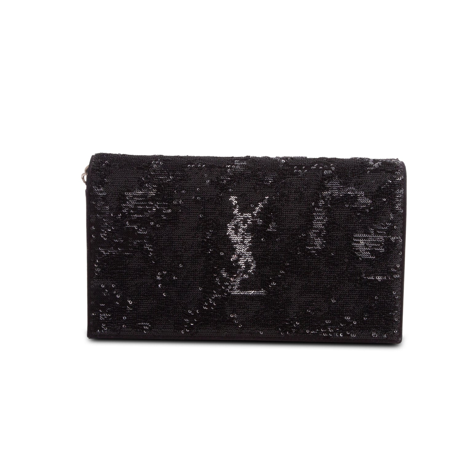 Saint Laurent Black Sequin Flip Monogram Chain Wallet