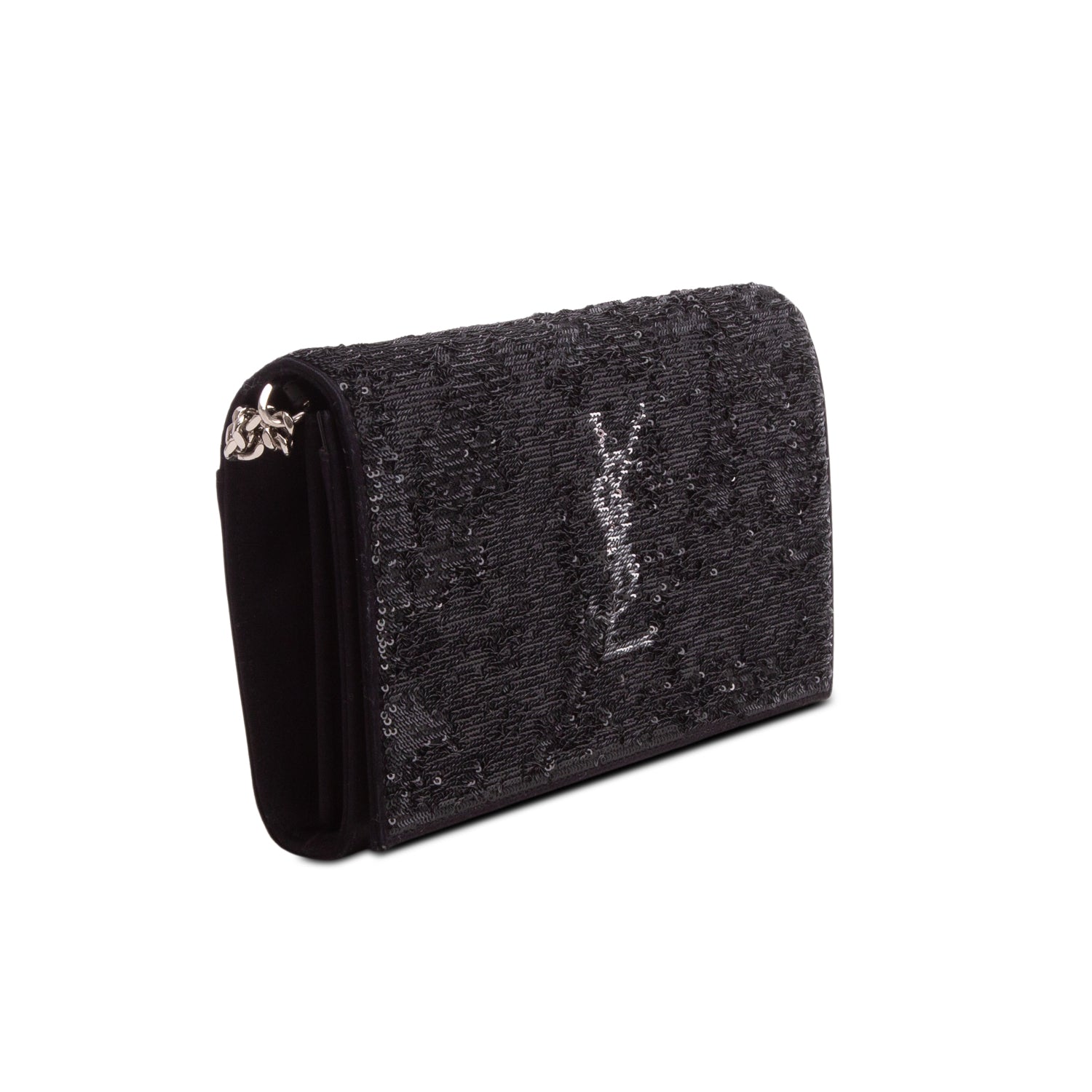 Saint Laurent Black Sequin Flip Monogram Chain Wallet