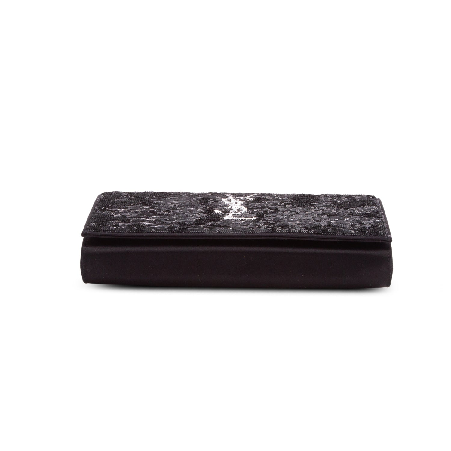 Saint Laurent Black Sequin Flip Monogram Chain Wallet