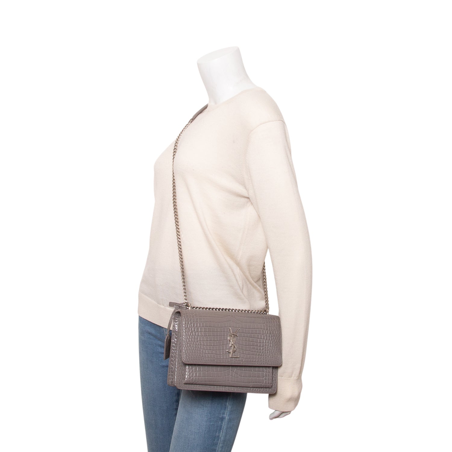 Saint Laurent Grey Croc Embossed Calfskin Medium Sunset Bag