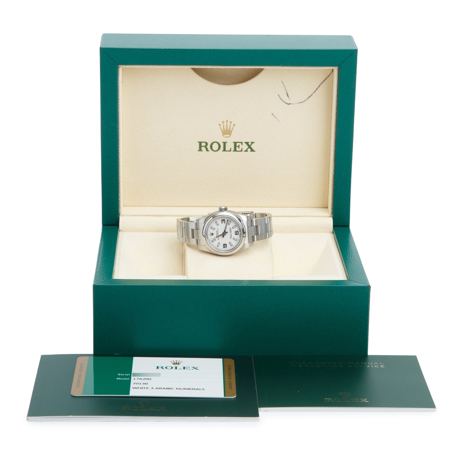 Rolex Stainless Steel Oyster Perpetual 26 MM Automatic Watch White Dial 176200 w/ Box & Papers
