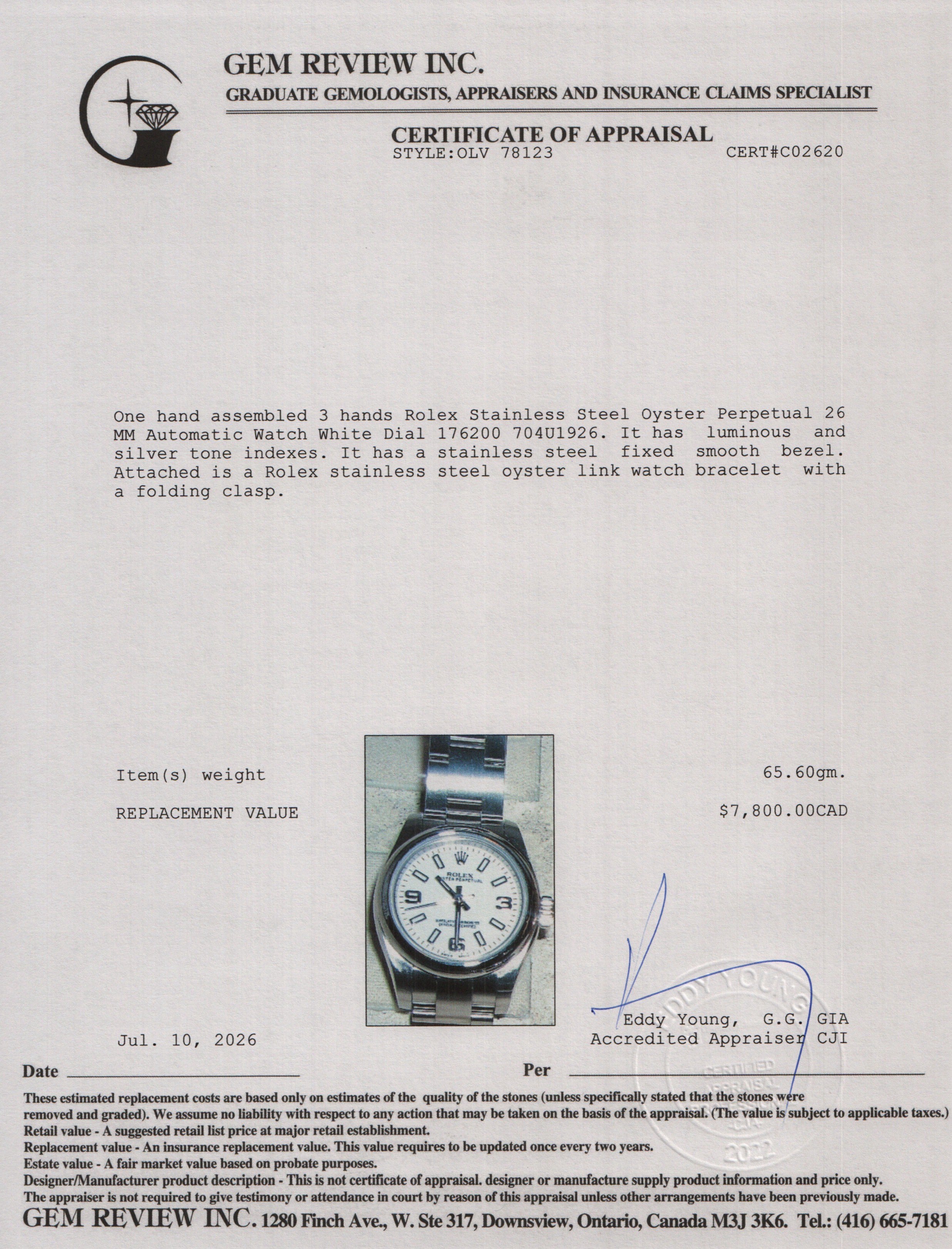 Rolex Stainless Steel Oyster Perpetual 26 MM Automatic Watch White Dial 176200 w/ Box & Papers