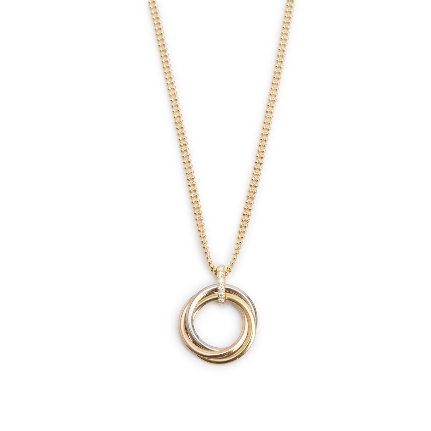 Cartier 2025 18k Yellow, White & Rose Gold Diamond Trinity Pendant Necklace, Medium Model w/ Receipt & Certificate