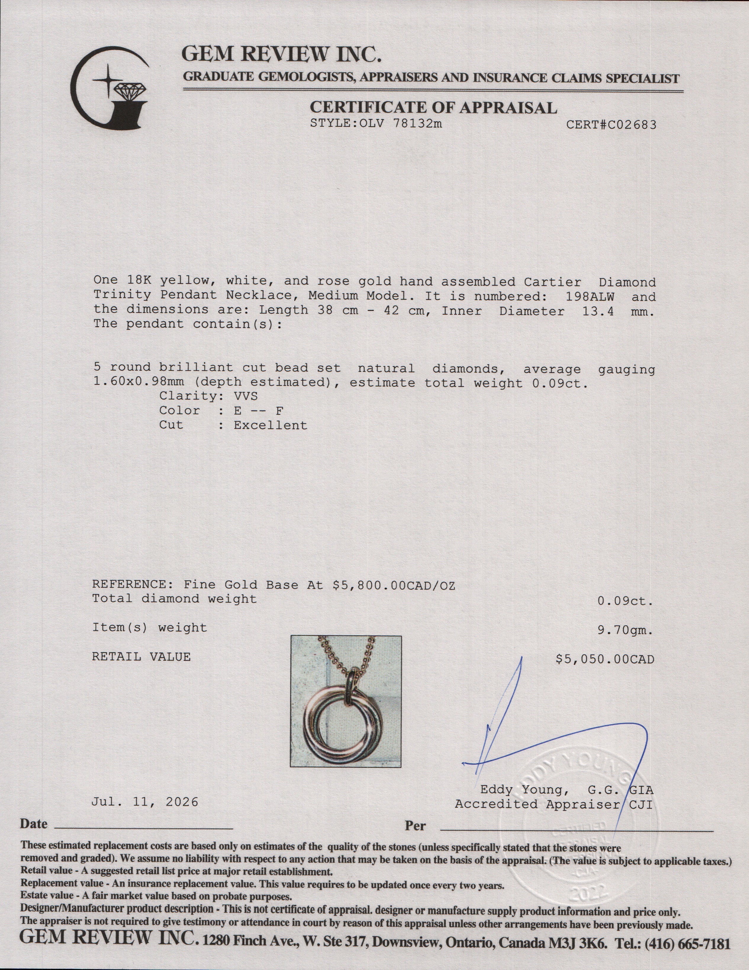 Cartier 2025 18k Yellow, White & Rose Gold Diamond Trinity Pendant Necklace, Medium Model w/ Receipt & Certificate