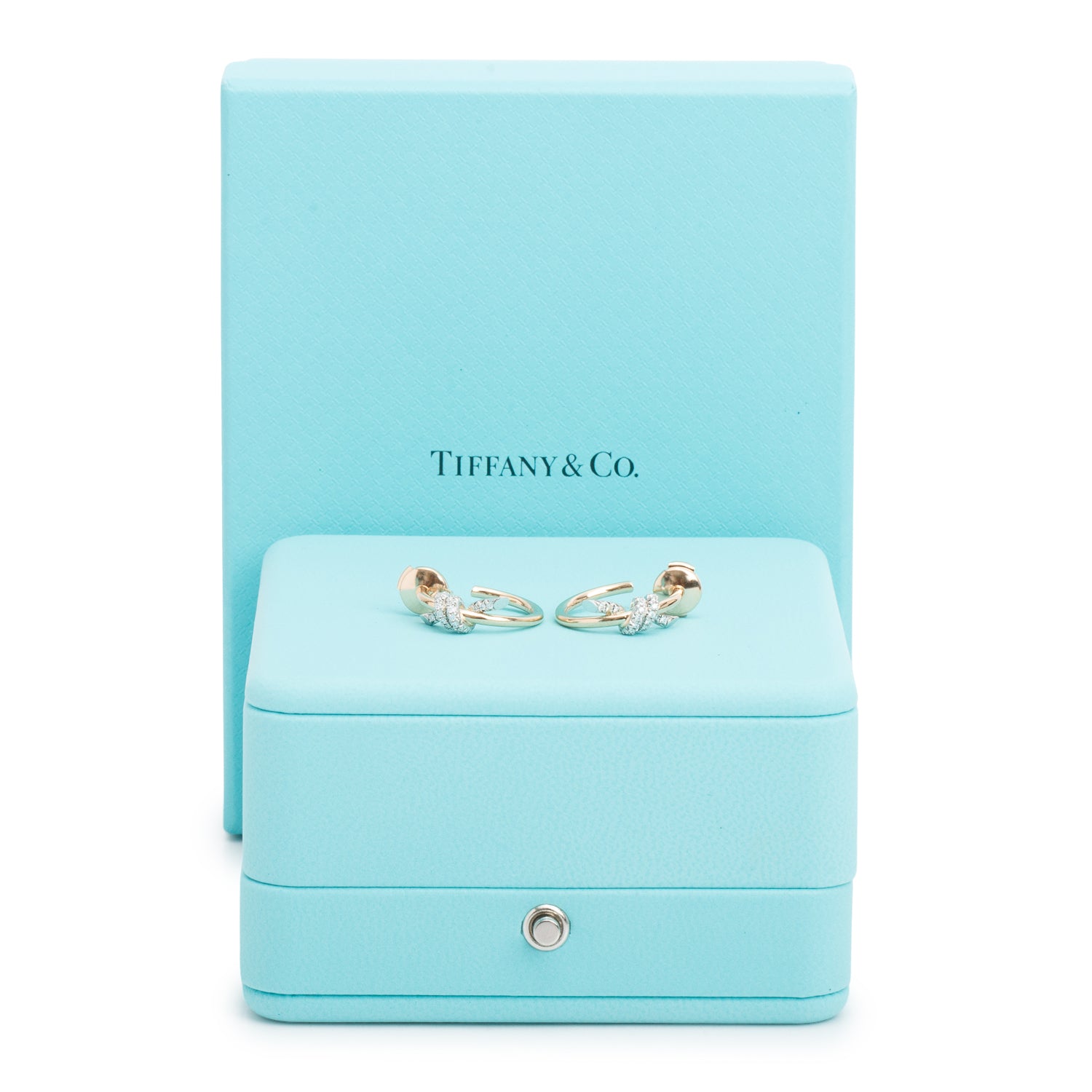Tiffany & Co. 2026 18k Rose Gold & Platinum Diamond Knot Hoop Earrings w/ Box & Receipt
