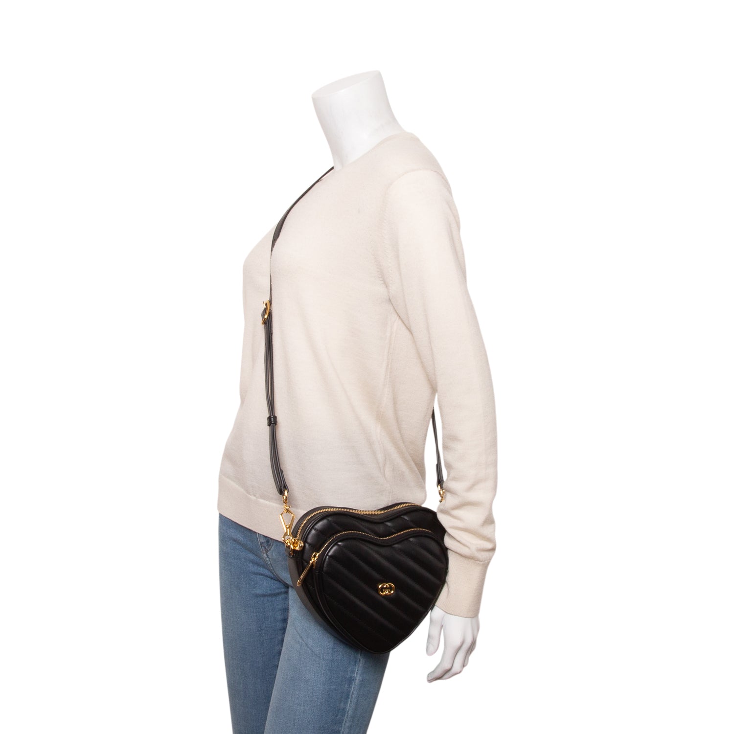 Gucci Black Calfskin Matelasse Diagonal Mini Interlocking G Heart Shoulder Bag