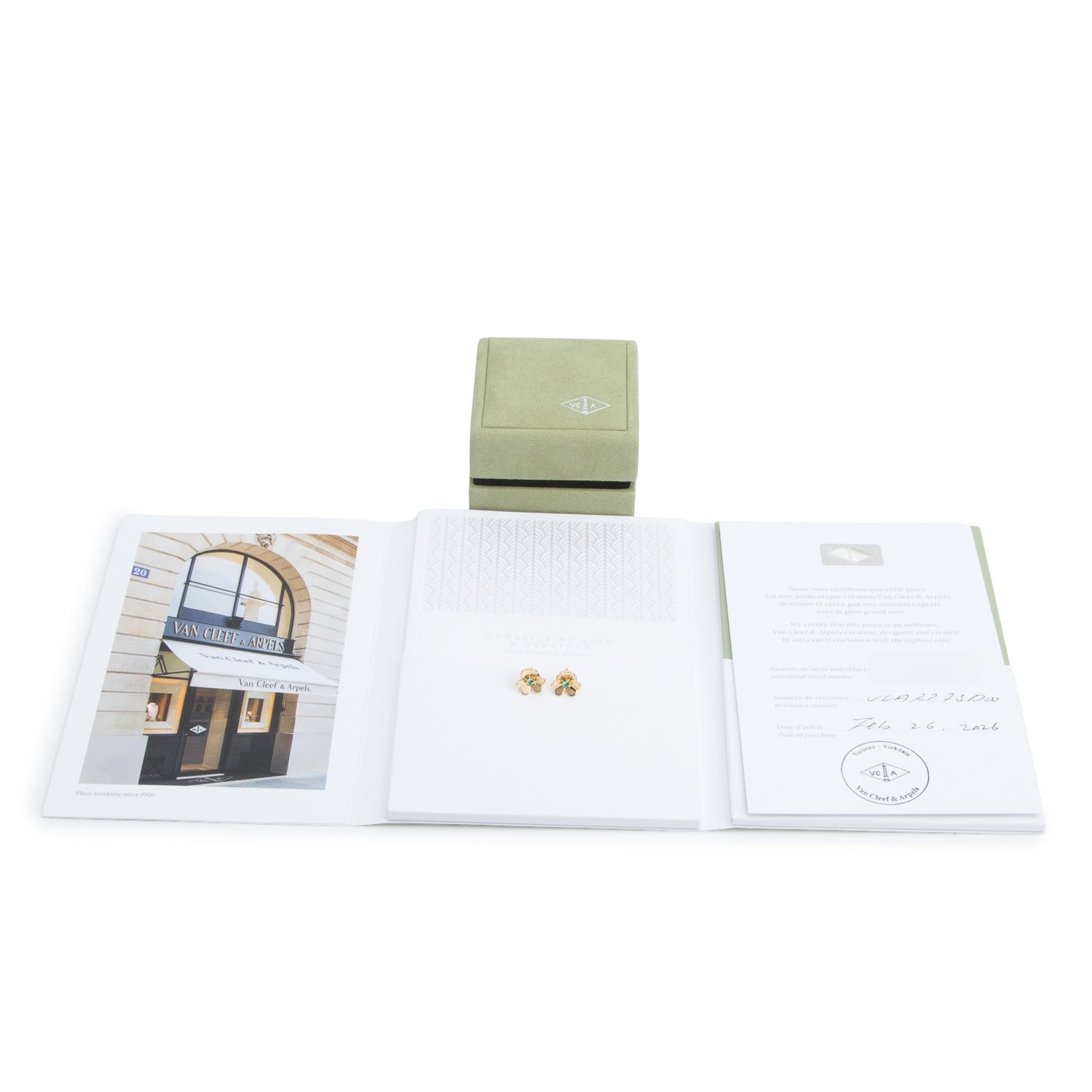 Van Cleef & Arpels 2026 18k Yellow Gold & Emerald Frivole Earrings, Mini Model w/ Box, Certificate & Receipt