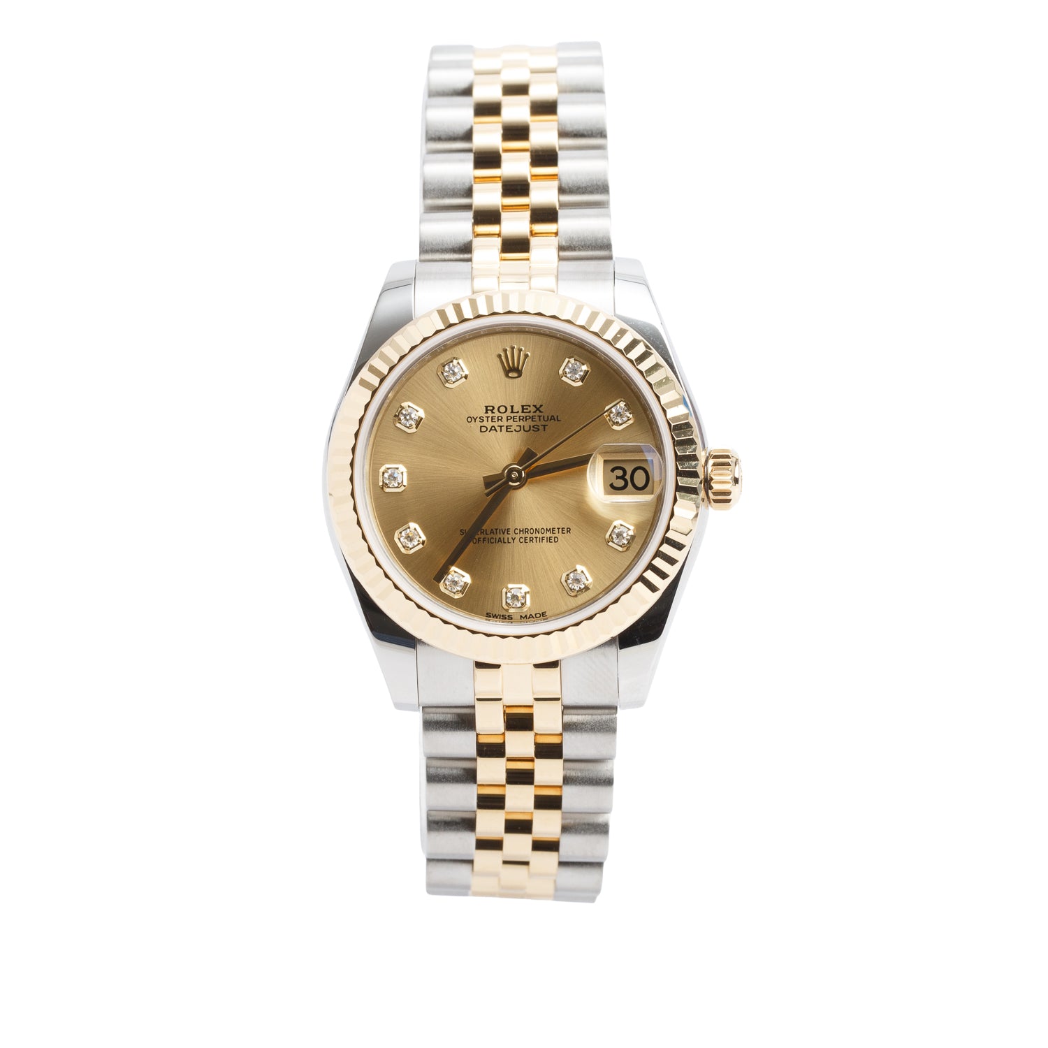 Rolex Stainless Steel & 18k Yellow Gold Datejust 31 MM Automatic Watch Champagne Diamond Dial 178273 w/ Box & Papers