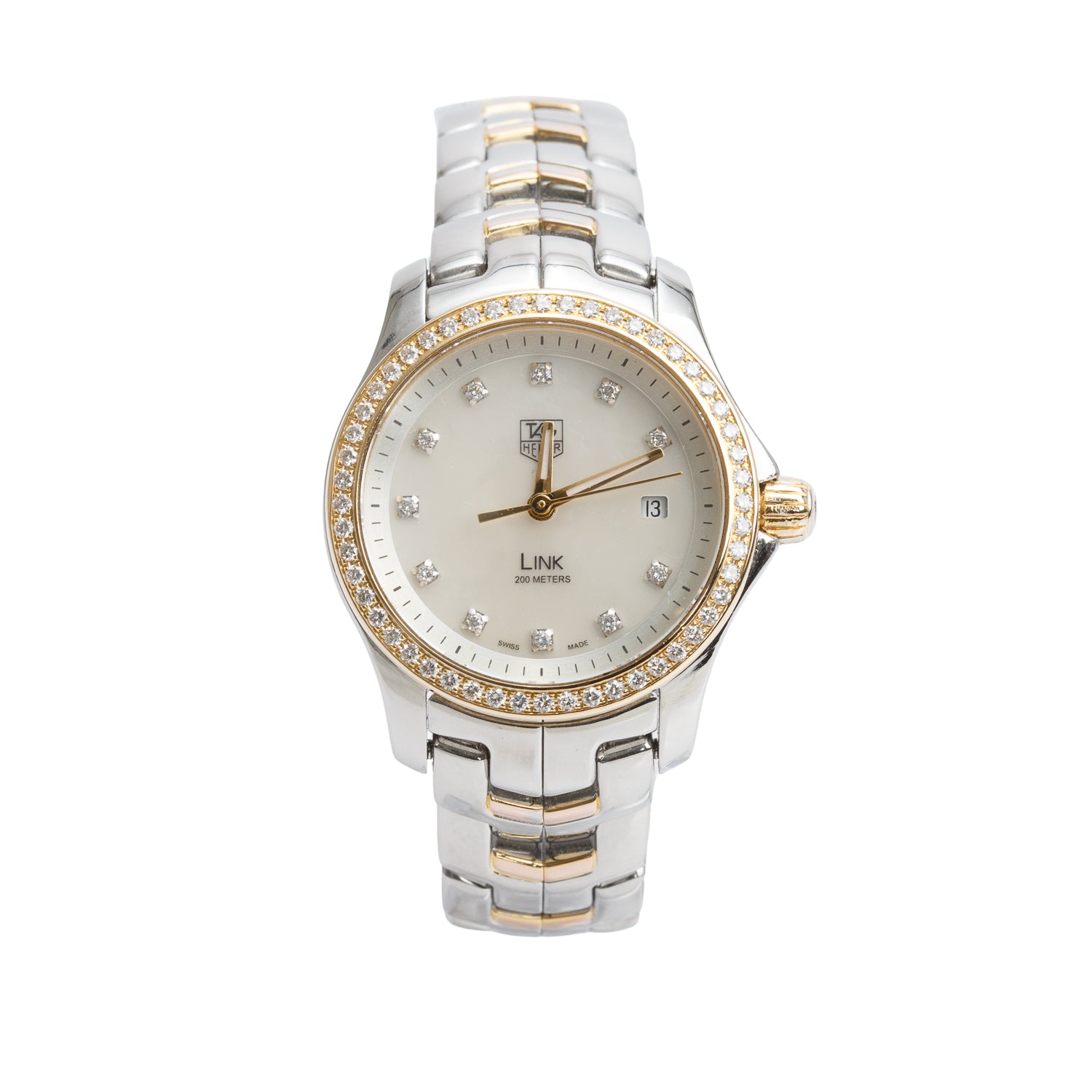 Tag Heuer Stainless Steel & 18k Yellow Gold Diamond Bezel Link 27 MM Quartz Watch Mother of Pearl Diamond Dial WJF1354