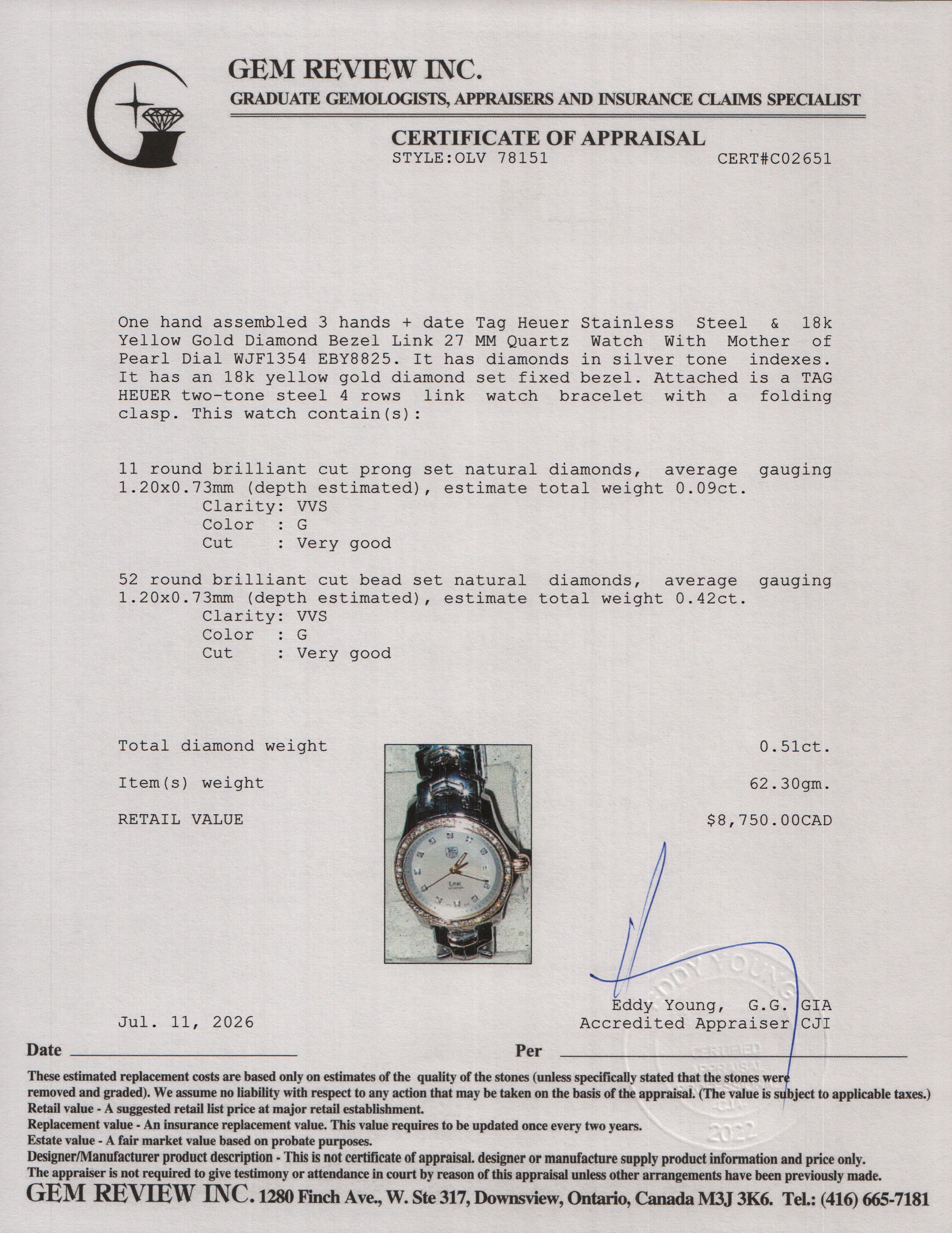 Tag Heuer Stainless Steel & 18k Yellow Gold Diamond Bezel Link 27 MM Quartz Watch Mother of Pearl Diamond Dial WJF1354