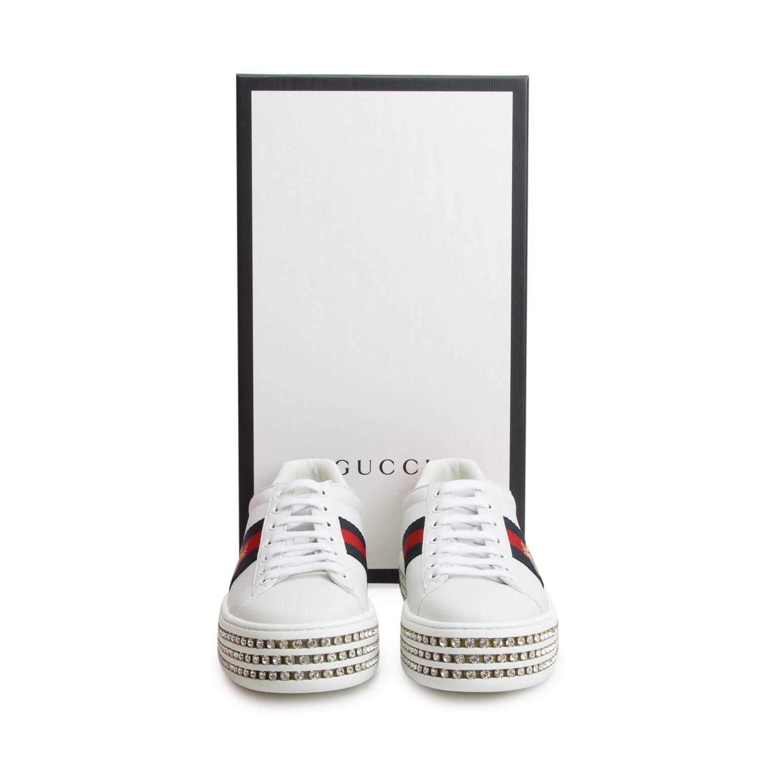 Gucci White Leather Embroidered Web Rhinestone Bee Ace Platform Sneakers, Women's Size 36 w/ Box