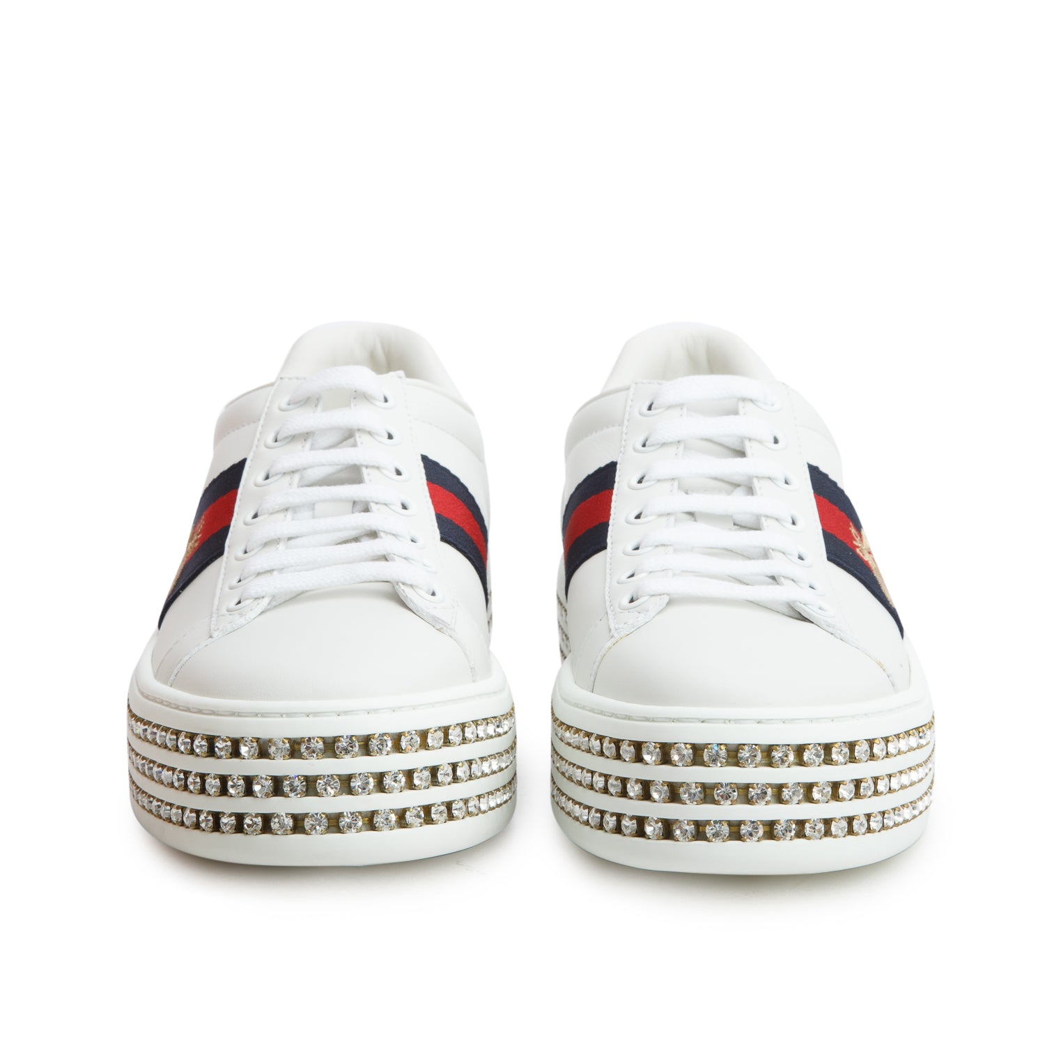 Gucci White Leather Embroidered Web Rhinestone Bee Ace Platform Sneakers, Women's Size 36 w/ Box