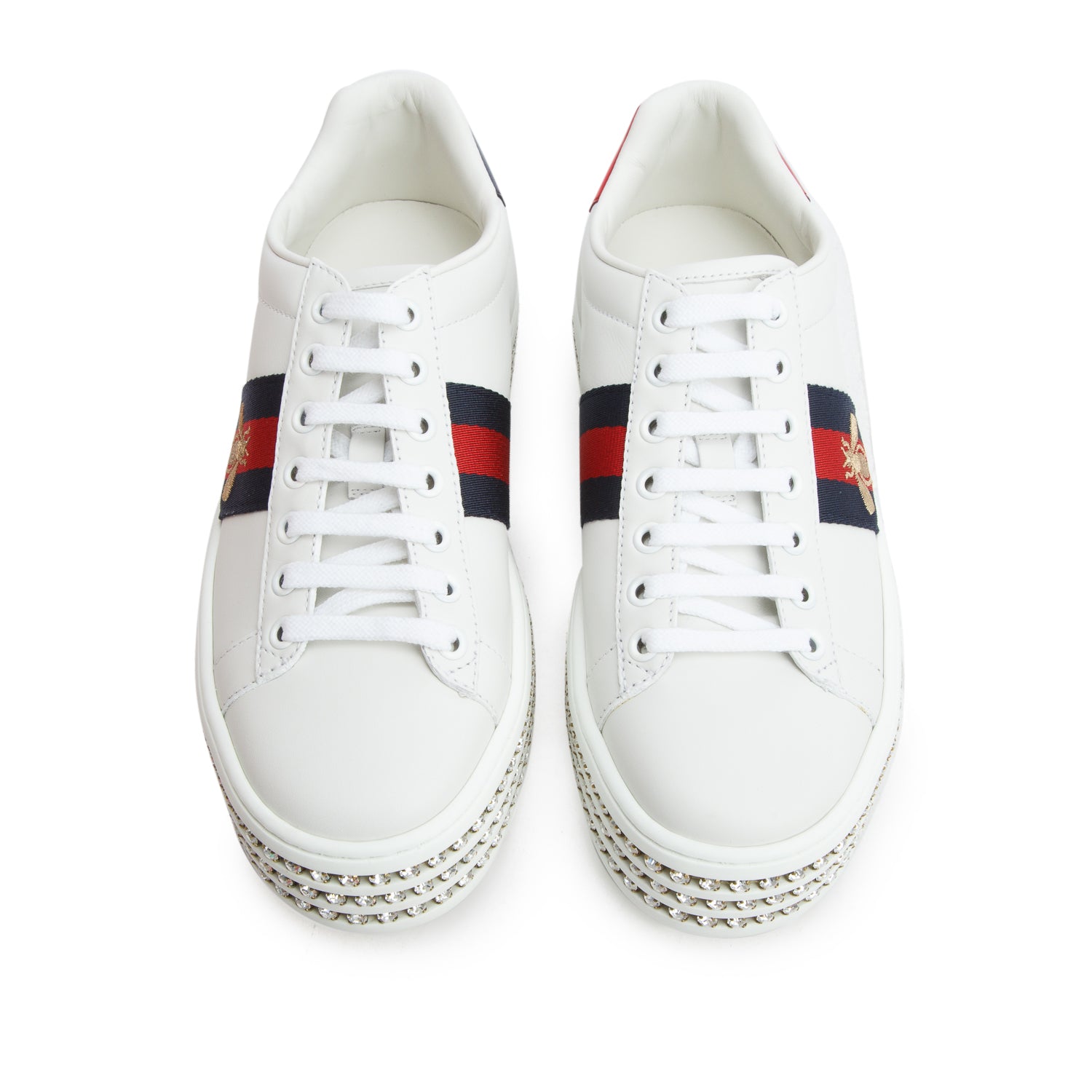 Gucci White Leather Embroidered Web Rhinestone Bee Ace Platform Sneakers, Women's Size 36 w/ Box