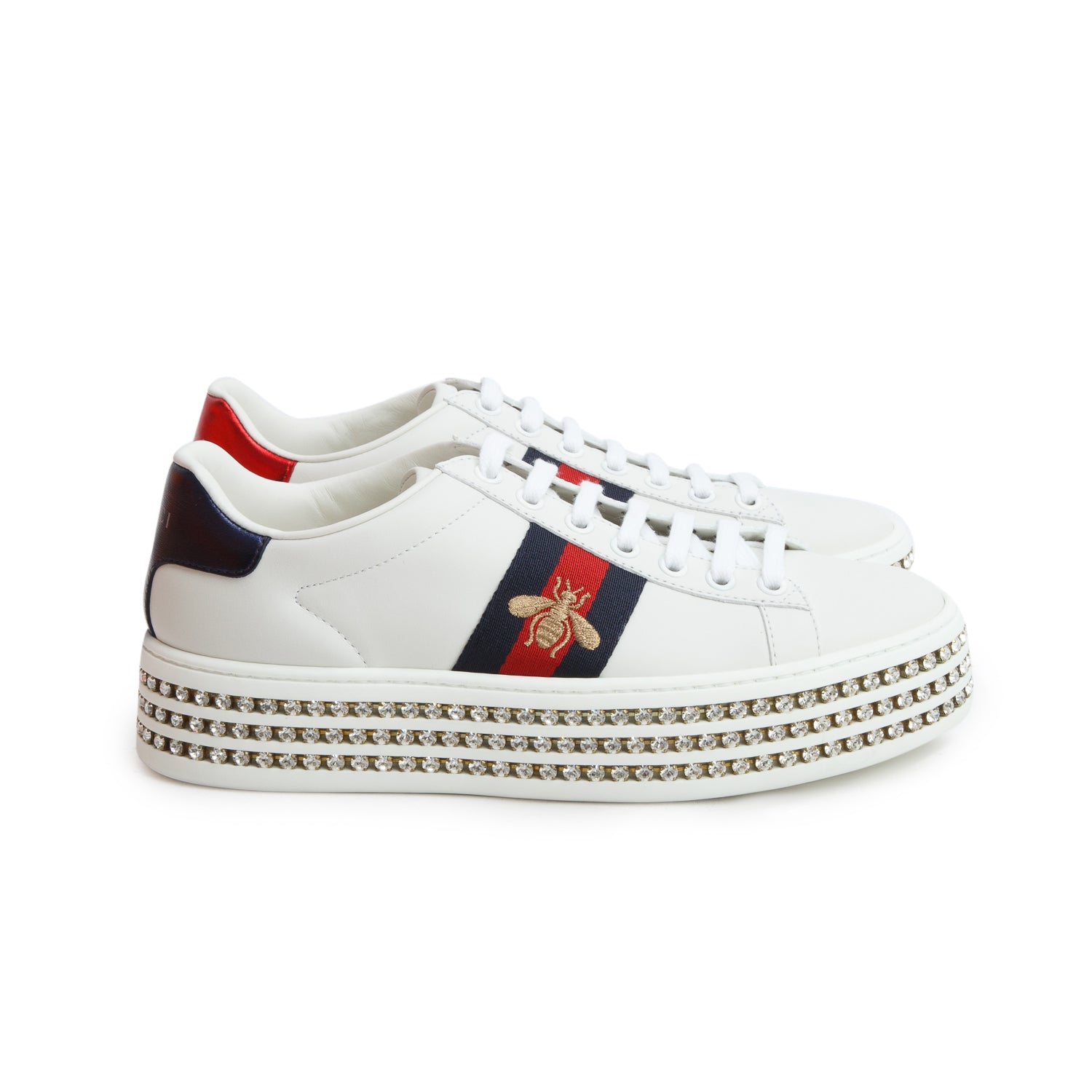 Gucci White Leather Embroidered Web Rhinestone Bee Ace Platform Sneakers, Women's Size 36 w/ Box