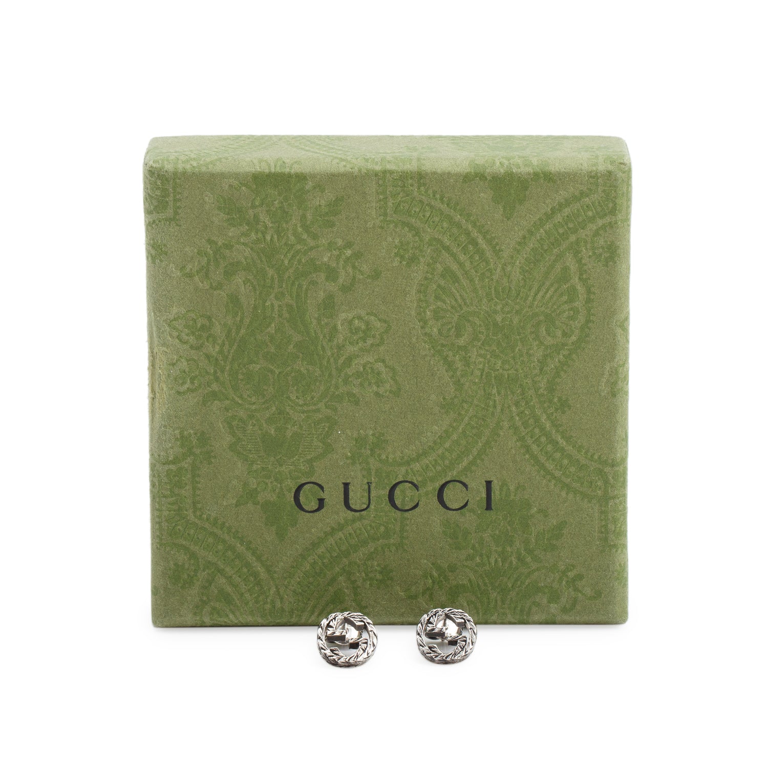 Gucci 2021 Sterling Silver Textured Interlocking G Stud Earrings w/ Box & Receipt