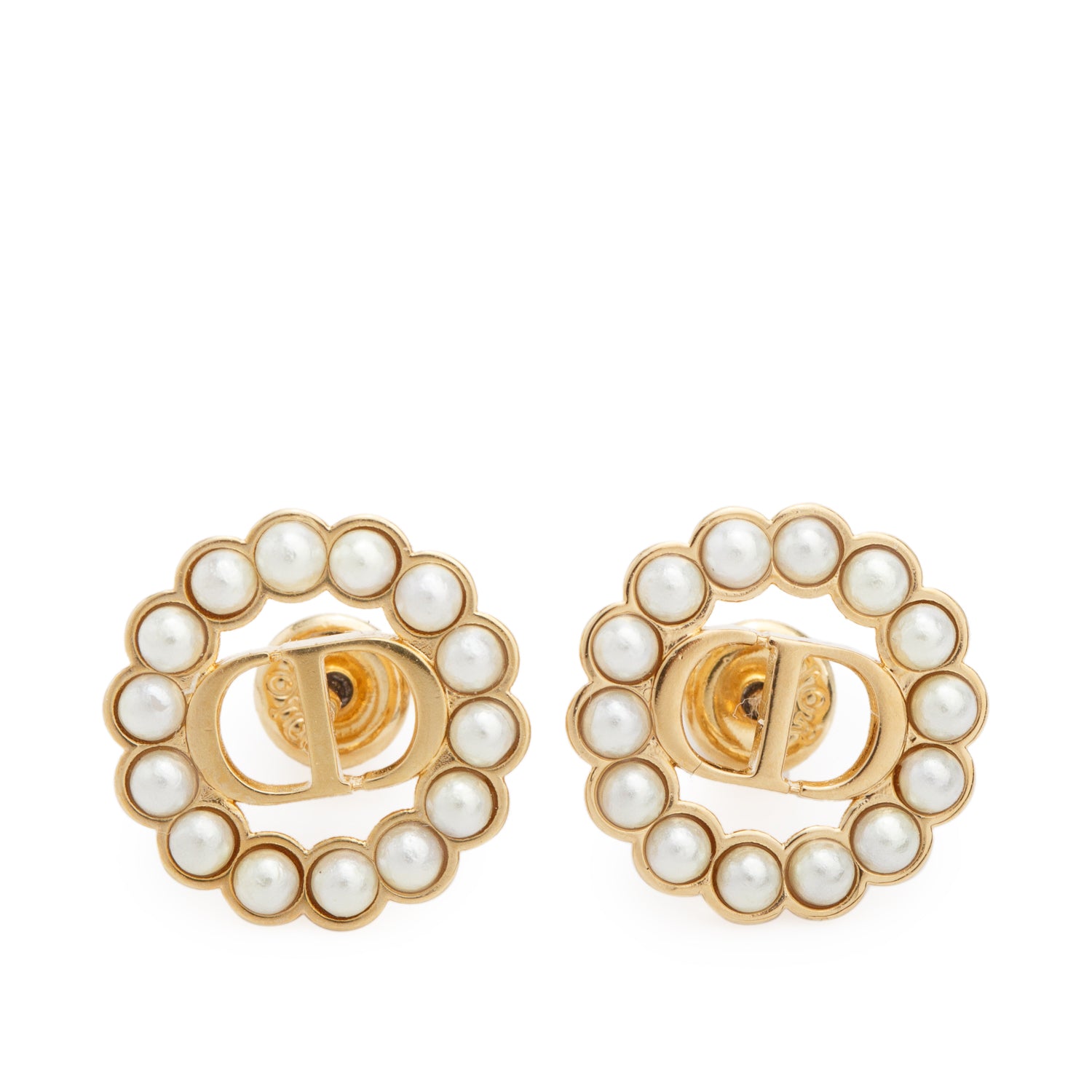 Christian Dior Gold-Tone Metal Faux Pearl Petit CD Circle Stud Earrings