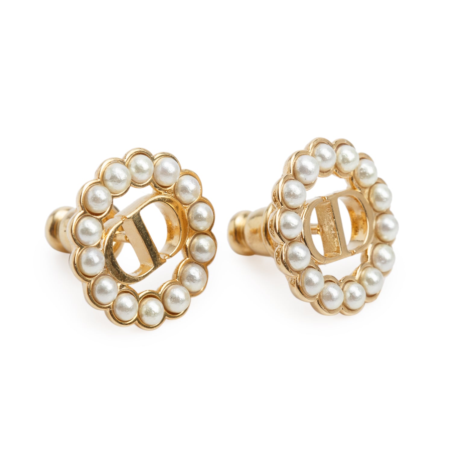 Christian Dior Gold-Tone Metal Faux Pearl Petit CD Circle Stud Earrings