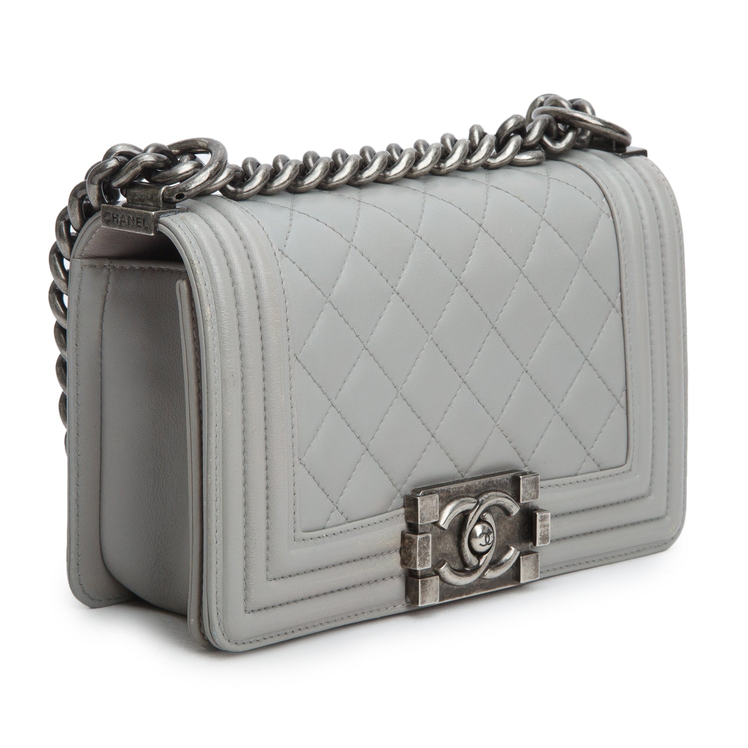 Chanel Grey Lambskin Quilted Small Boy Bag w/ Authenticity Card