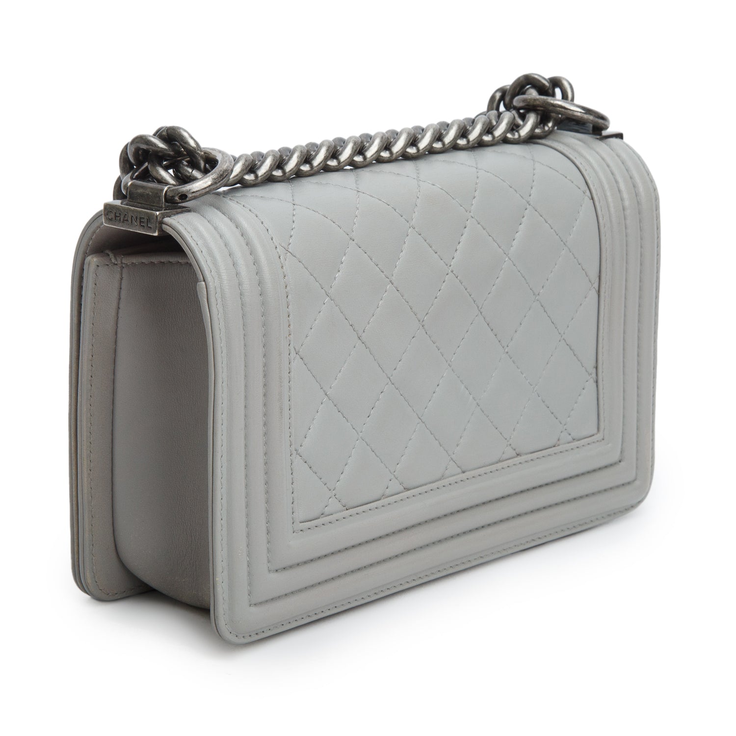 Chanel Grey Lambskin Quilted Small Boy Bag w/ Authenticity Card