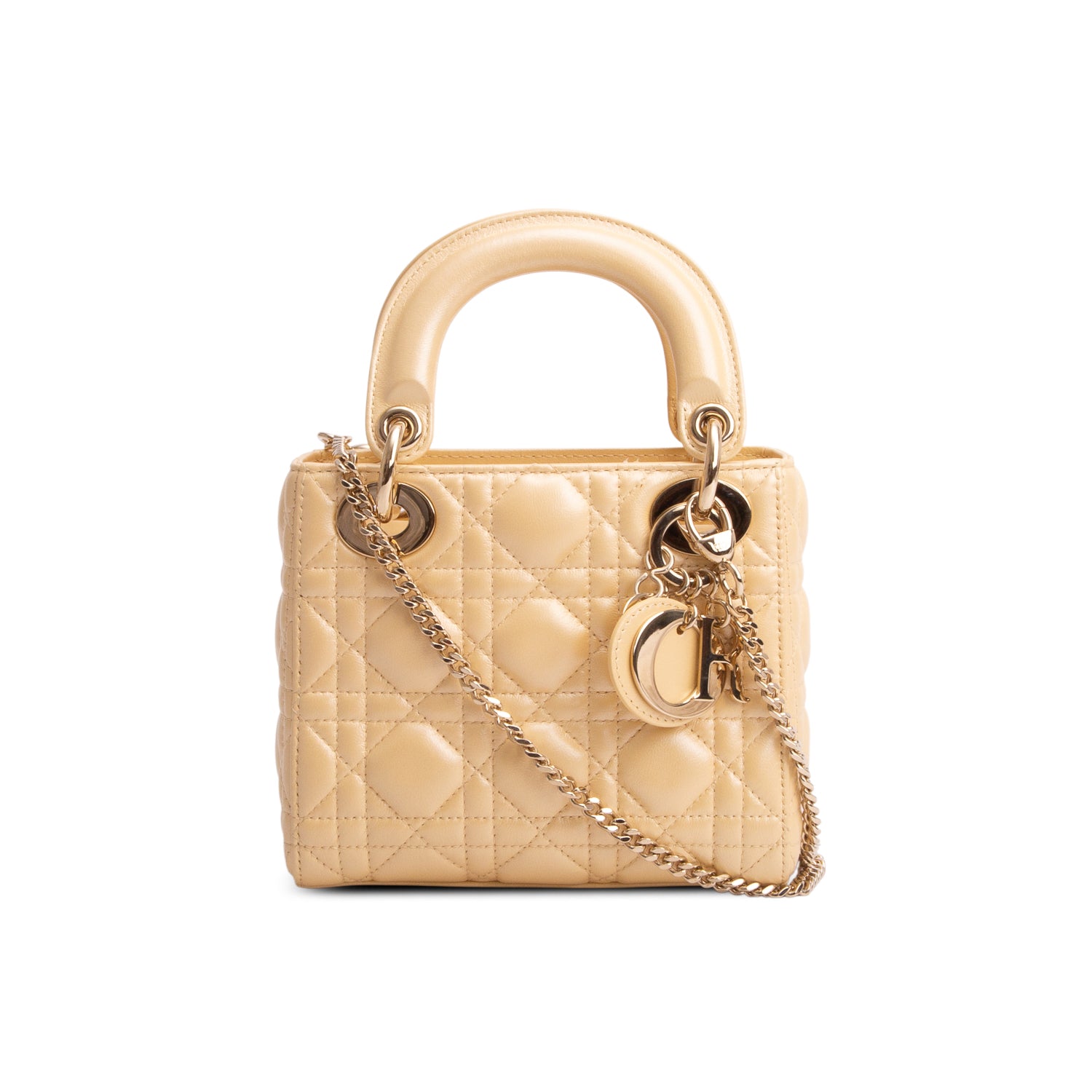 Christian Dior Yellow Metallic Lambskin Leather Cannage Mini Lady Dior Bag w/ Strap