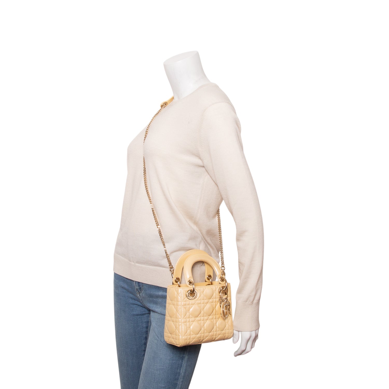 Christian Dior Yellow Metallic Lambskin Leather Cannage Mini Lady Dior Bag w/ Strap