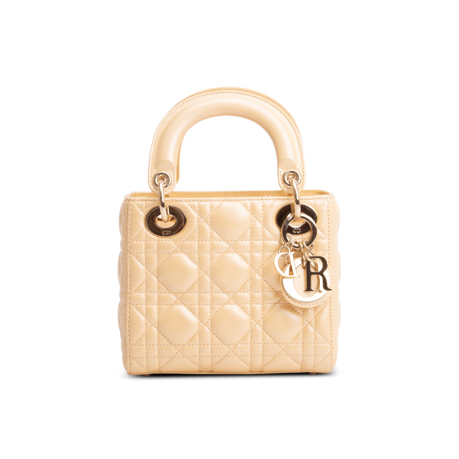 Christian Dior Yellow Metallic Lambskin Leather Cannage Mini Lady Dior Bag w/ Strap