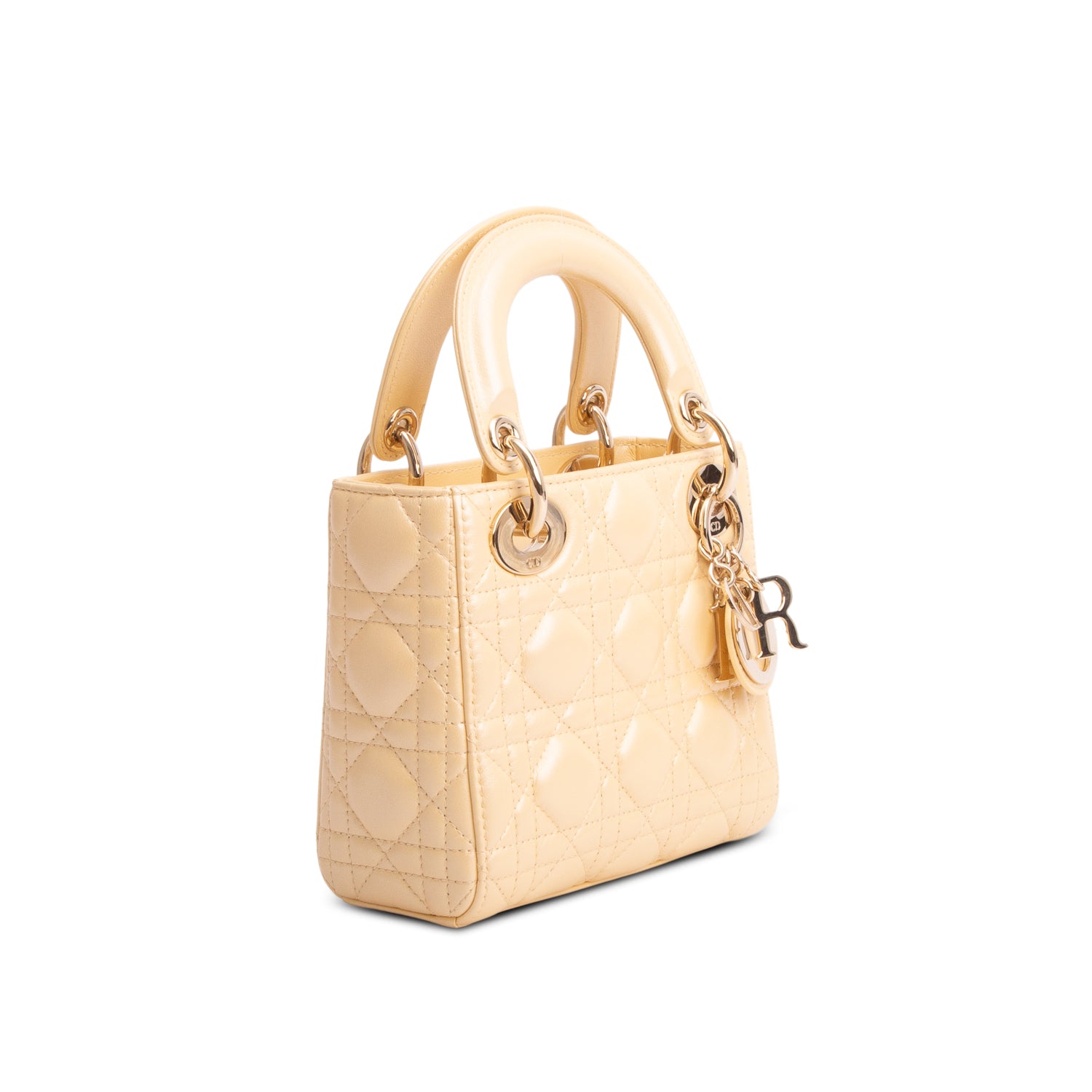 Christian Dior Yellow Metallic Lambskin Leather Cannage Mini Lady Dior Bag w/ Strap