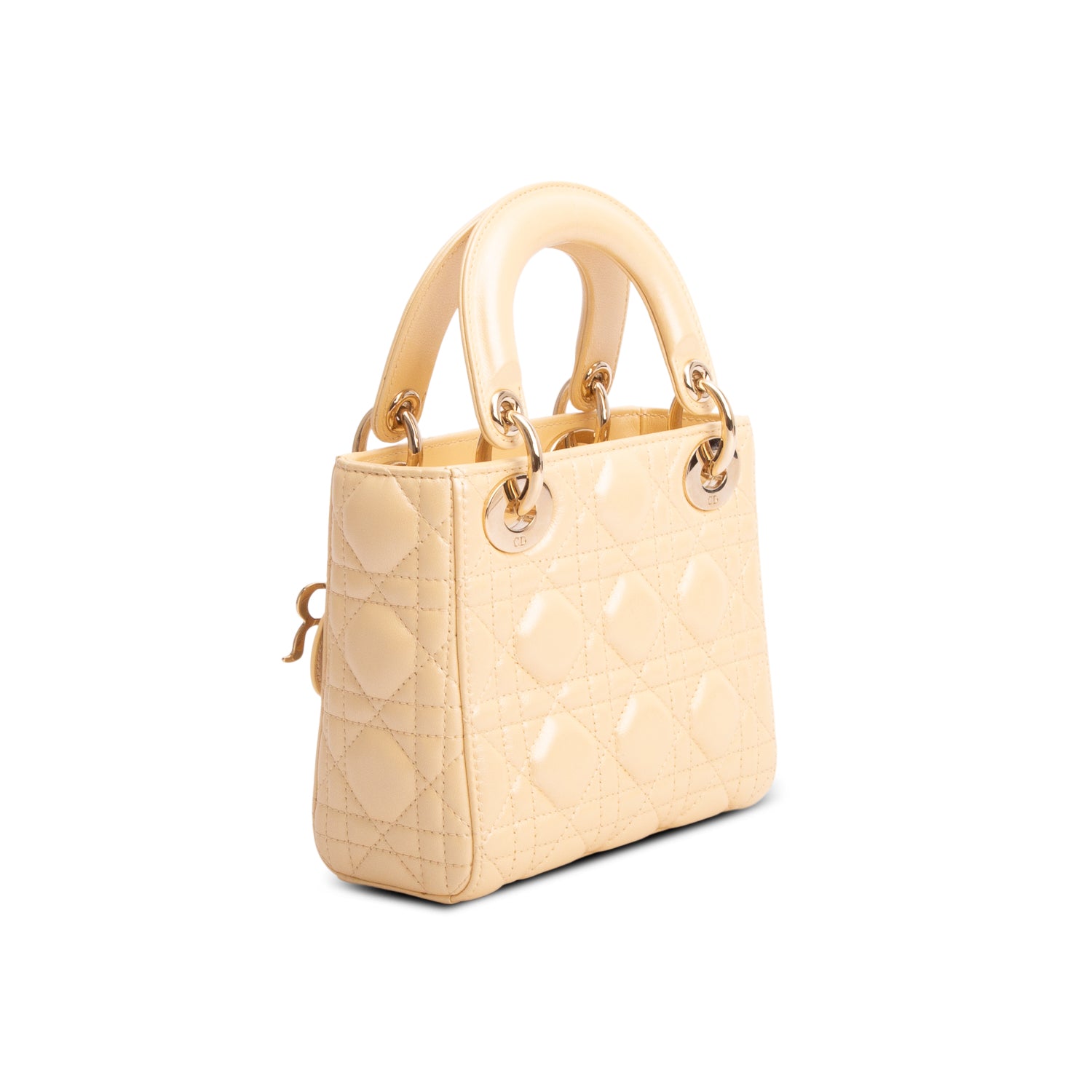 Christian Dior Yellow Metallic Lambskin Leather Cannage Mini Lady Dior Bag w/ Strap