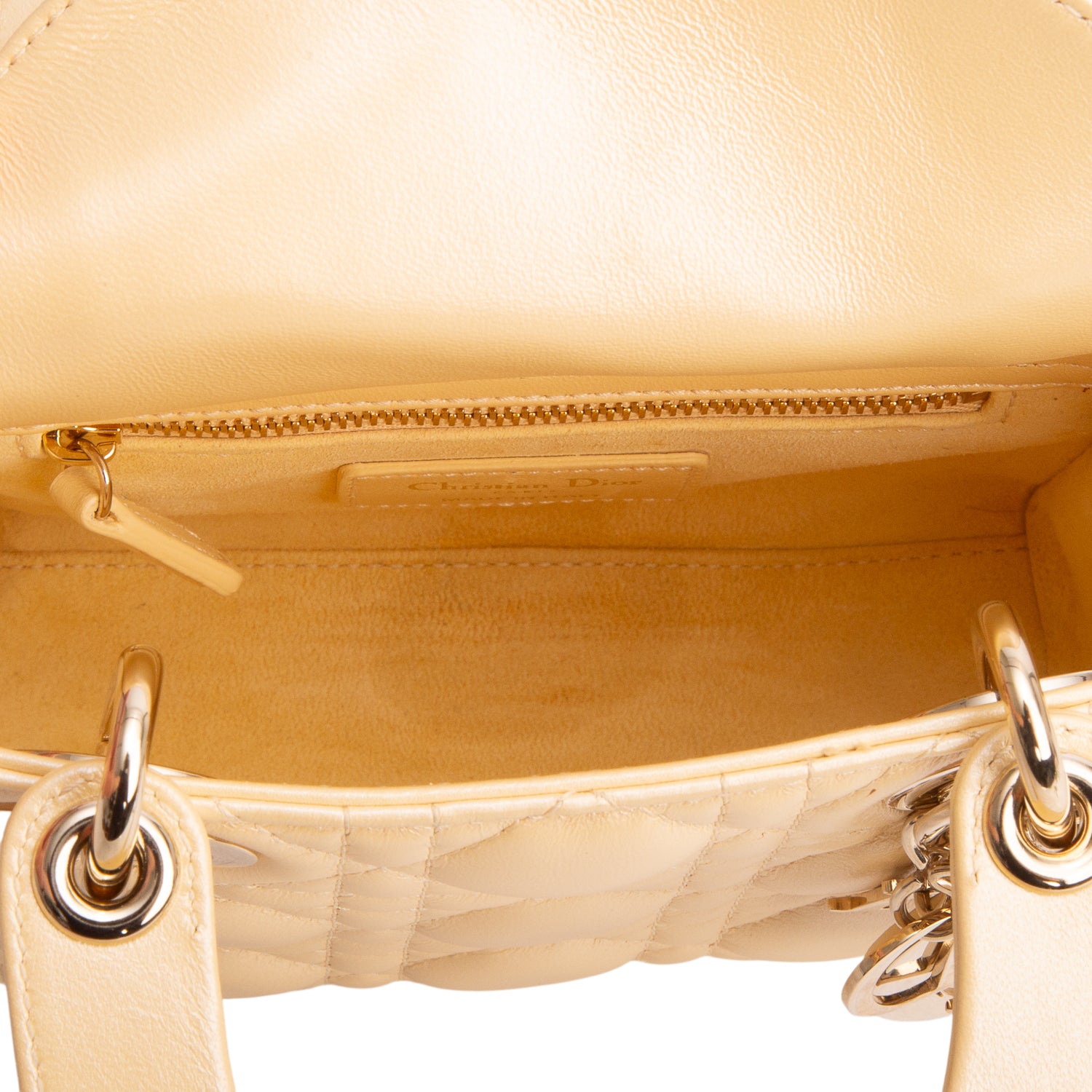 Christian Dior Yellow Metallic Lambskin Leather Cannage Mini Lady Dior Bag w/ Strap