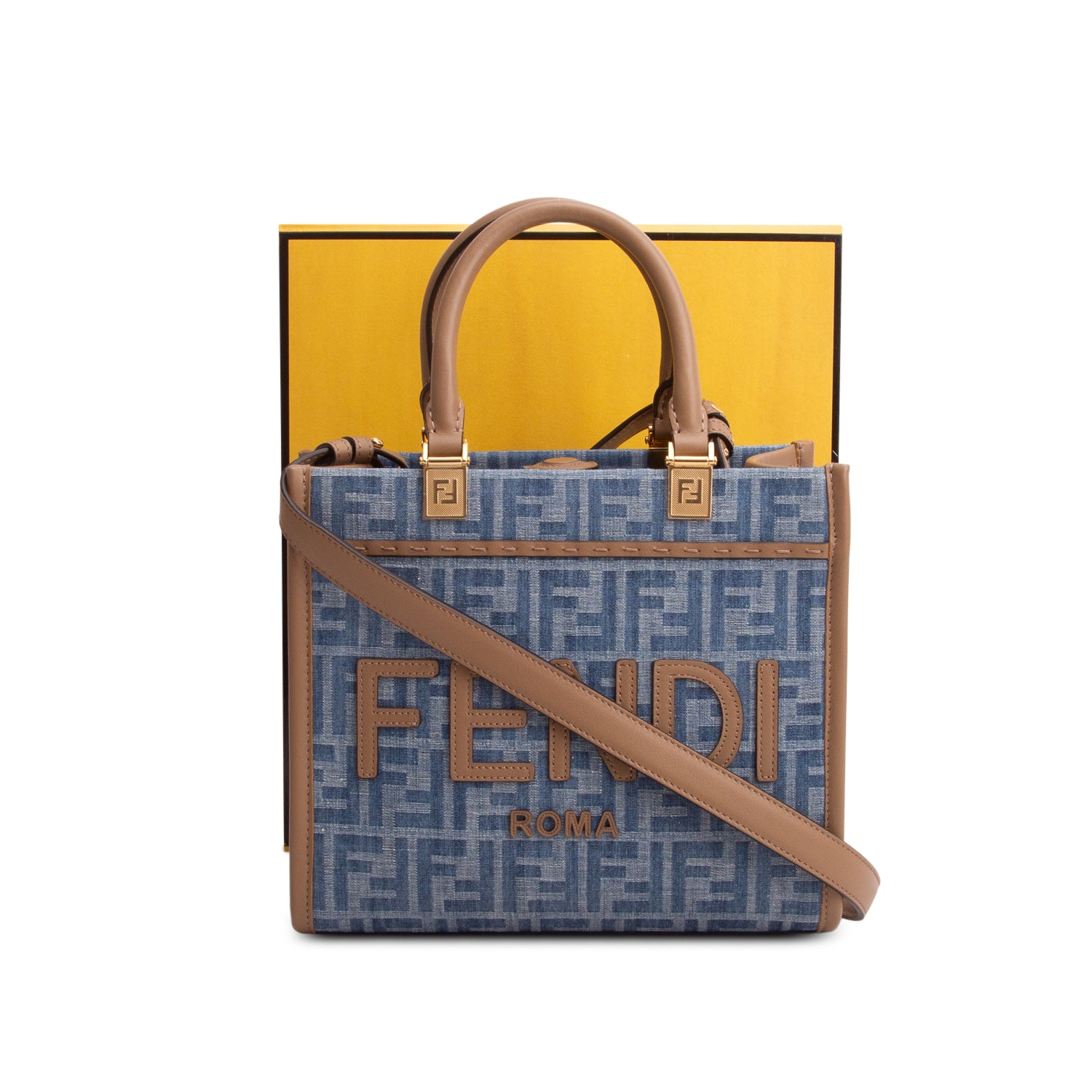 Fendi 2024 Blue Denim Jacquard FF 1974 Small Sunshine Shopper Tote w/ Box & Strap