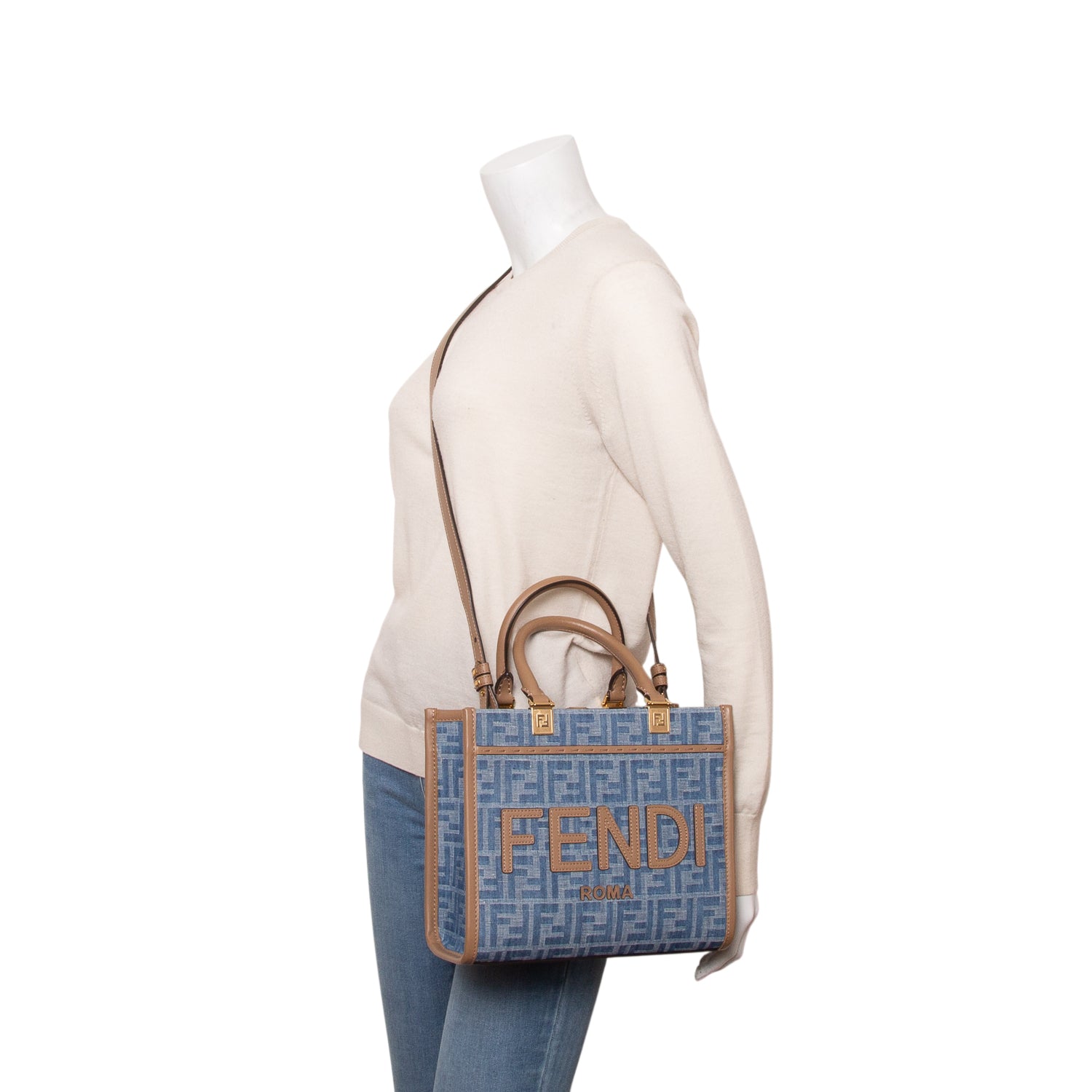 Fendi 2024 Blue Denim Jacquard FF 1974 Small Sunshine Shopper Tote w/ Box & Strap
