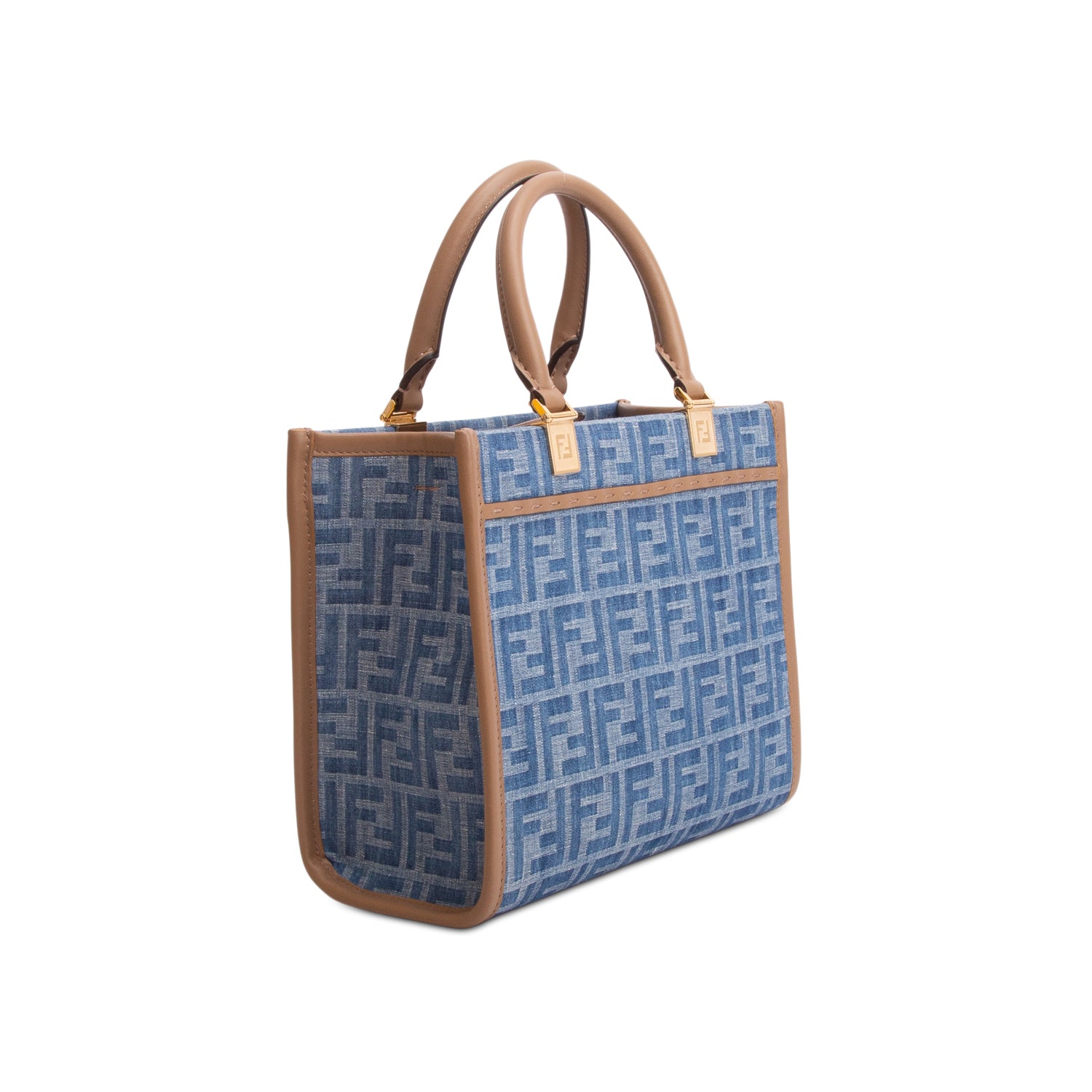 Fendi 2024 Blue Denim Jacquard FF 1974 Small Sunshine Shopper Tote w/ Box & Strap