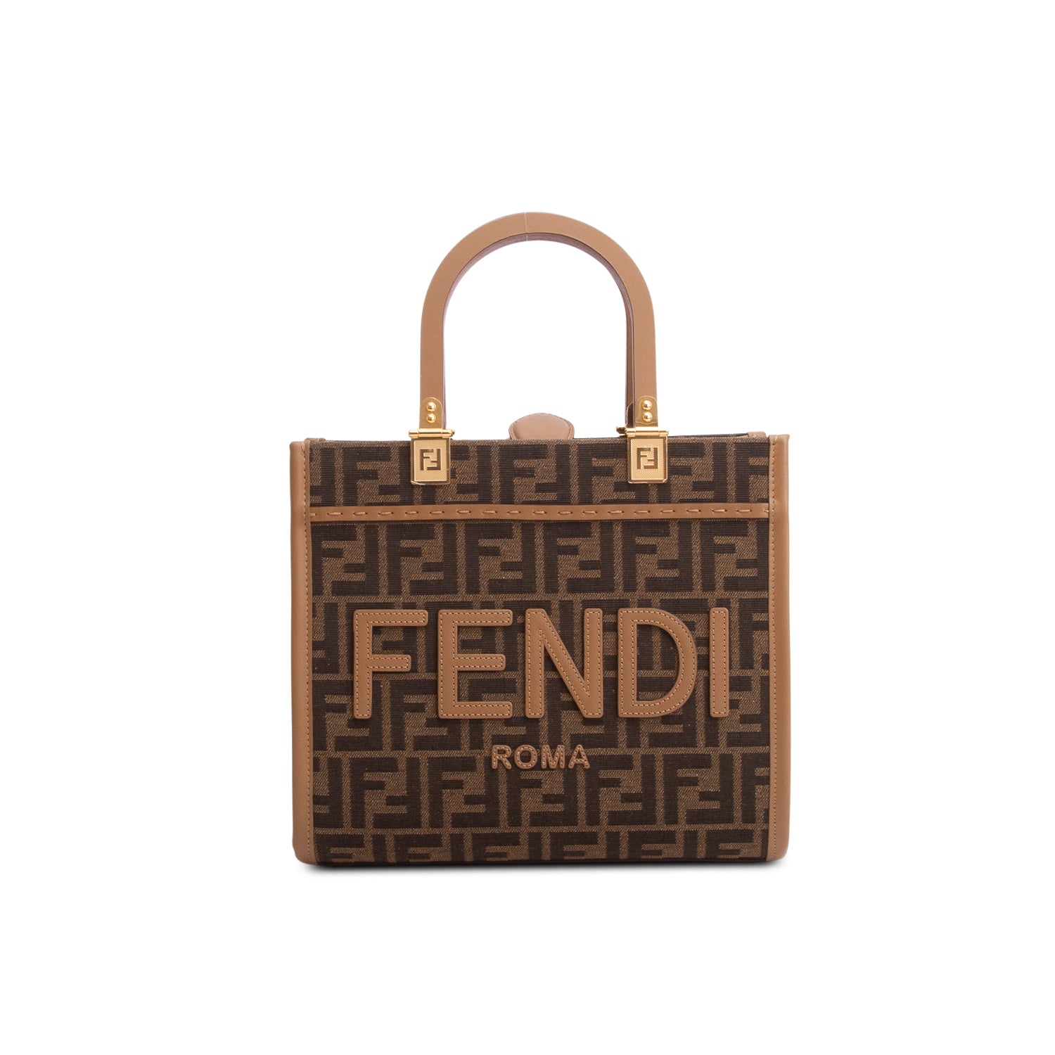 Fendi 2024 Brown Jacquard FF 1974 Logo Small Sunshine Shopper Tote w/ Box & Strap