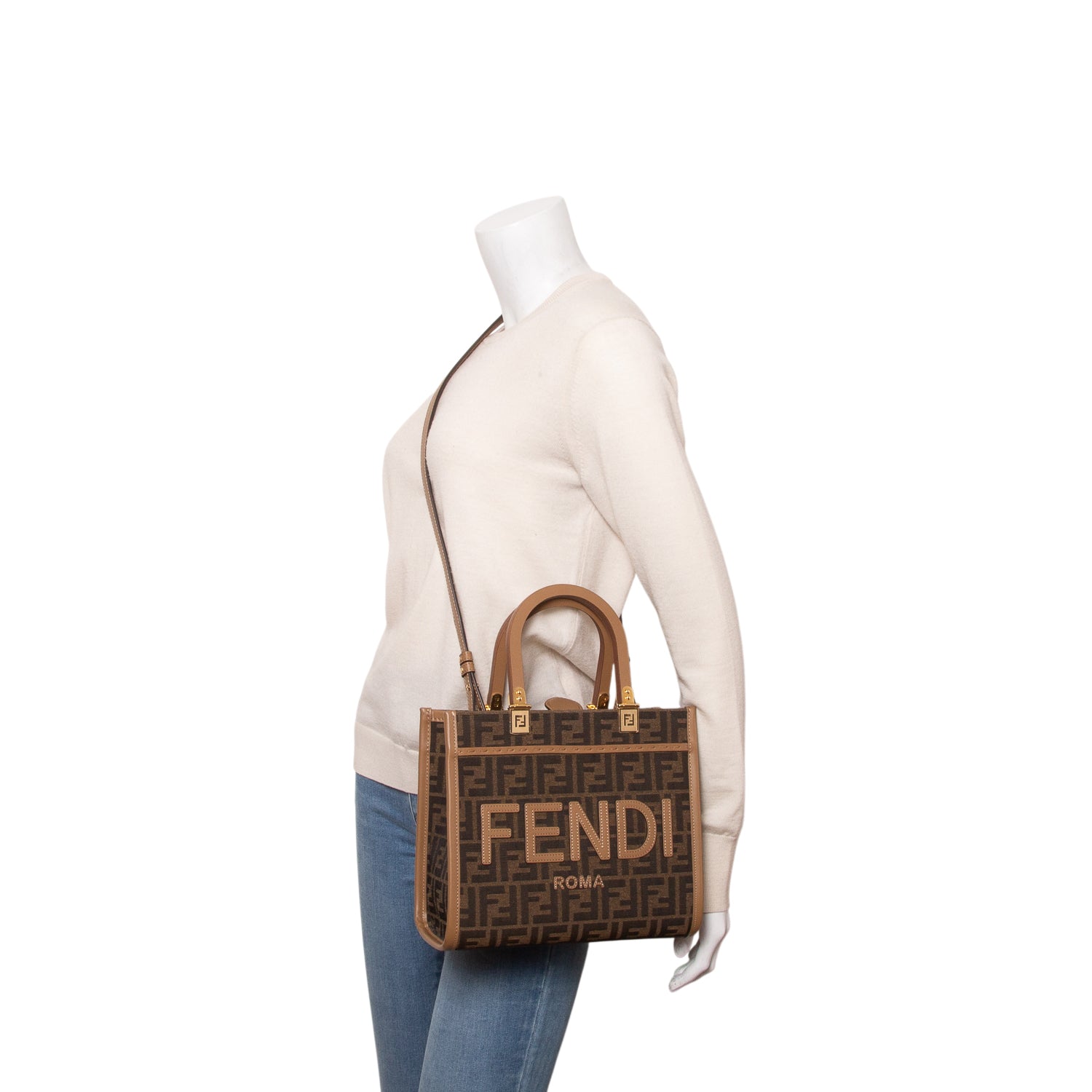 Fendi 2024 Brown Jacquard FF 1974 Logo Small Sunshine Shopper Tote w/ Box & Strap