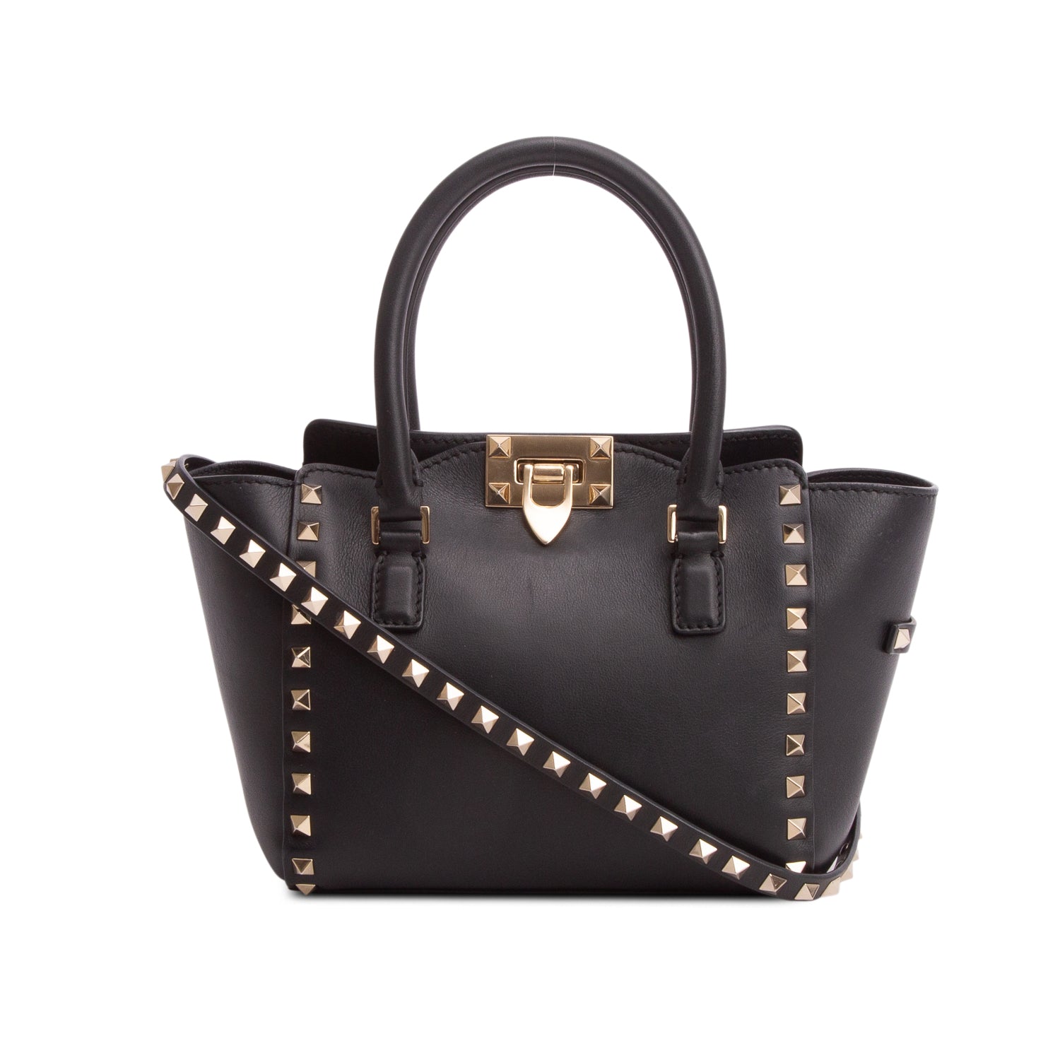 Valentino Black Smooth Leather Mini Rockstud Double Handle Tote w/ Strap