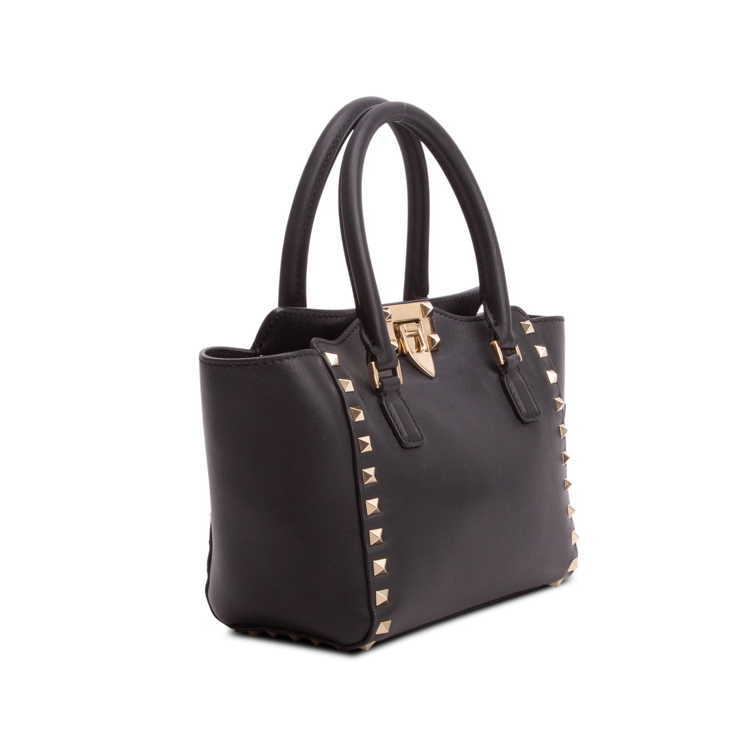 Valentino Black Smooth Leather Mini Rockstud Double Handle Tote w/ Strap