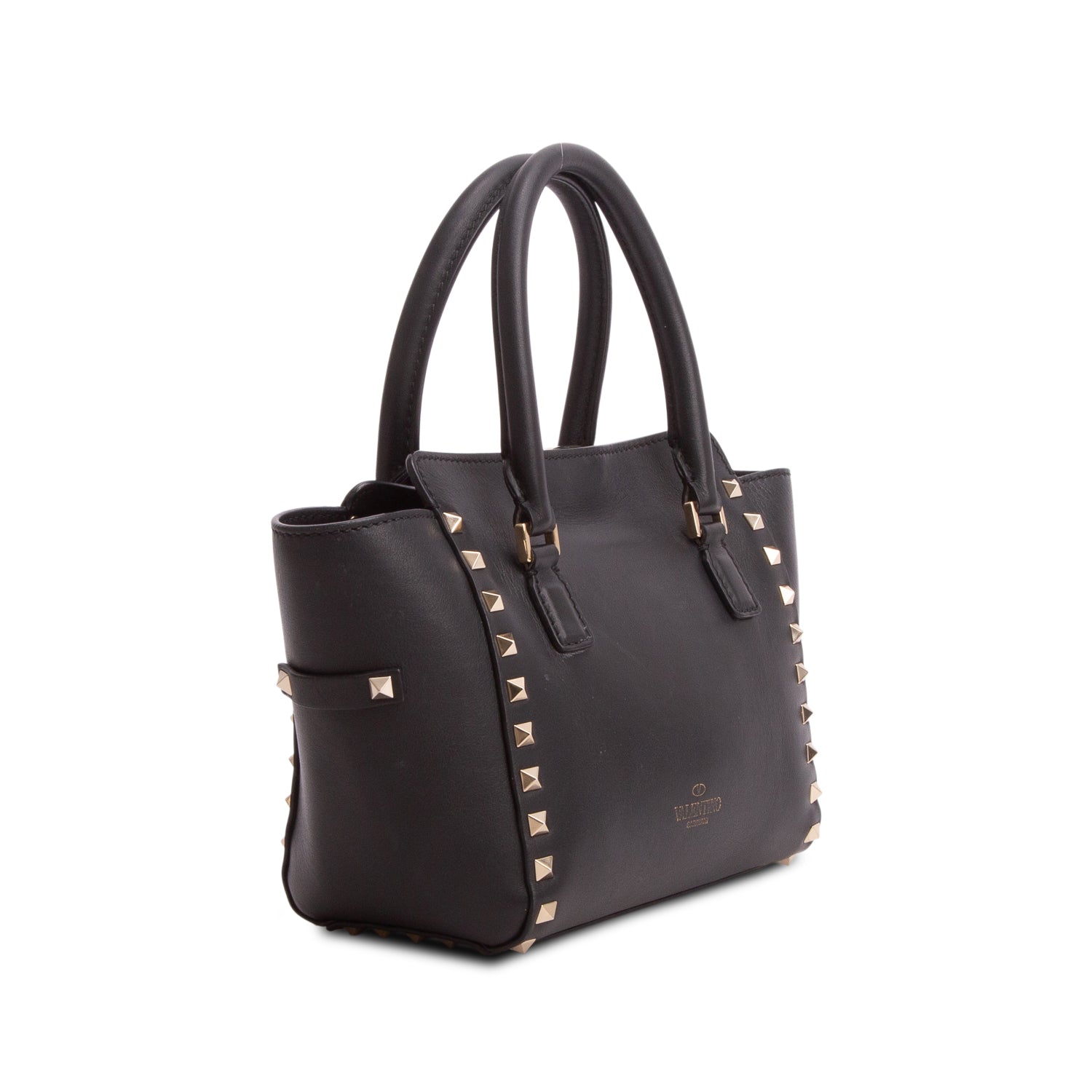 Valentino Black Smooth Leather Mini Rockstud Double Handle Tote w/ Strap
