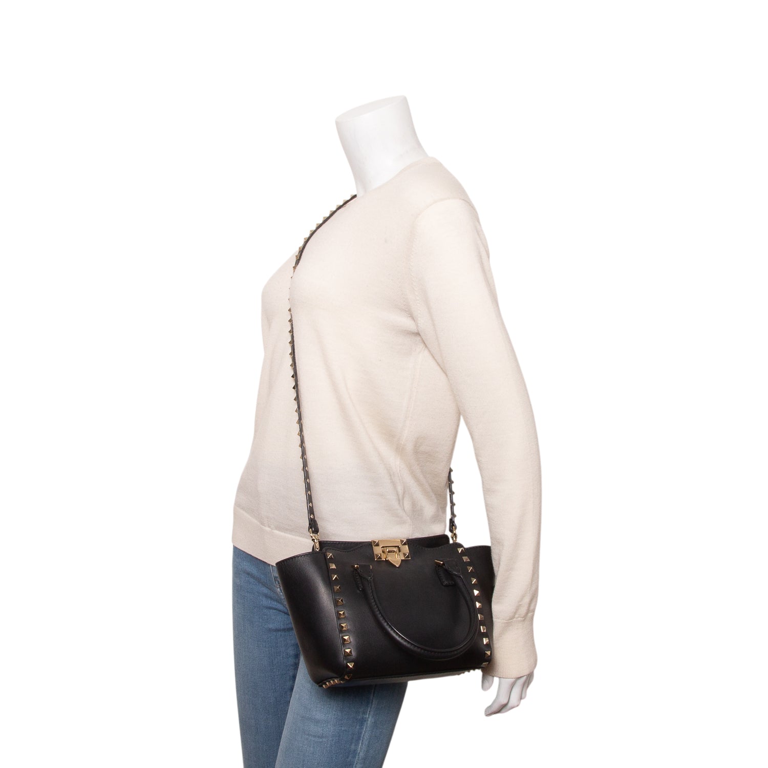 Valentino Black Smooth Leather Mini Rockstud Double Handle Tote w/ Strap